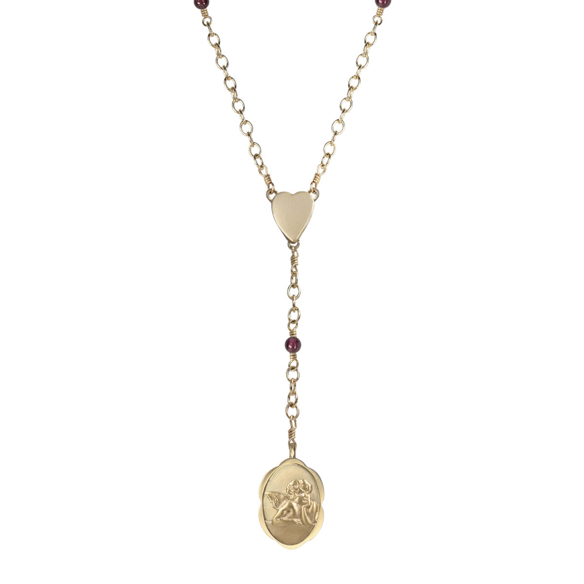 10K Gold Angel Rosary Necklace on Garnet Chain