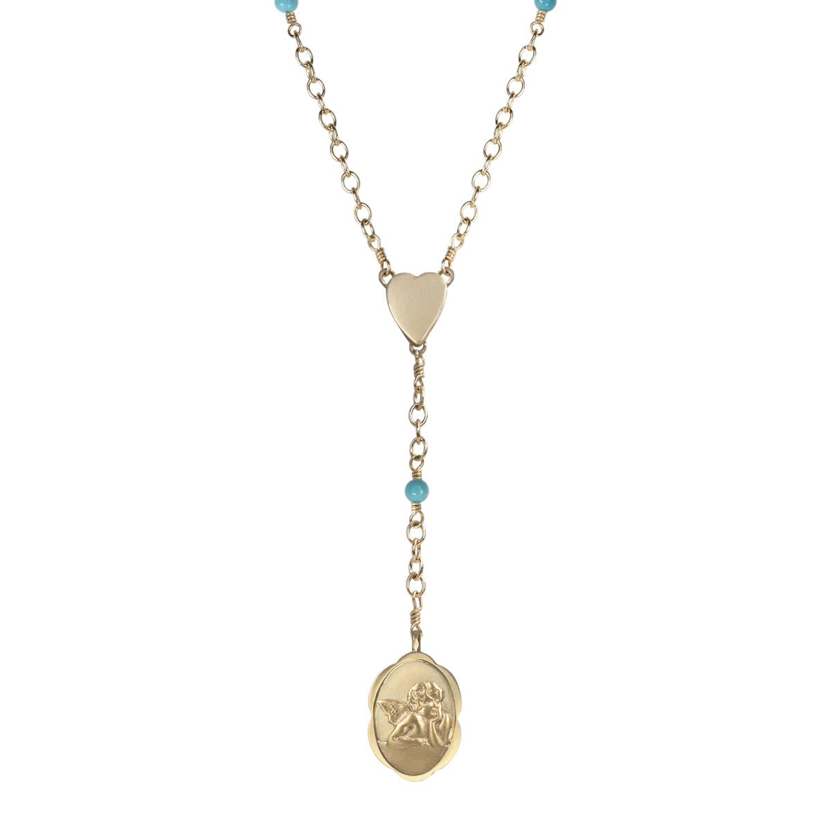 10K Gold Angel Rosary Necklace on Turquoise Chain