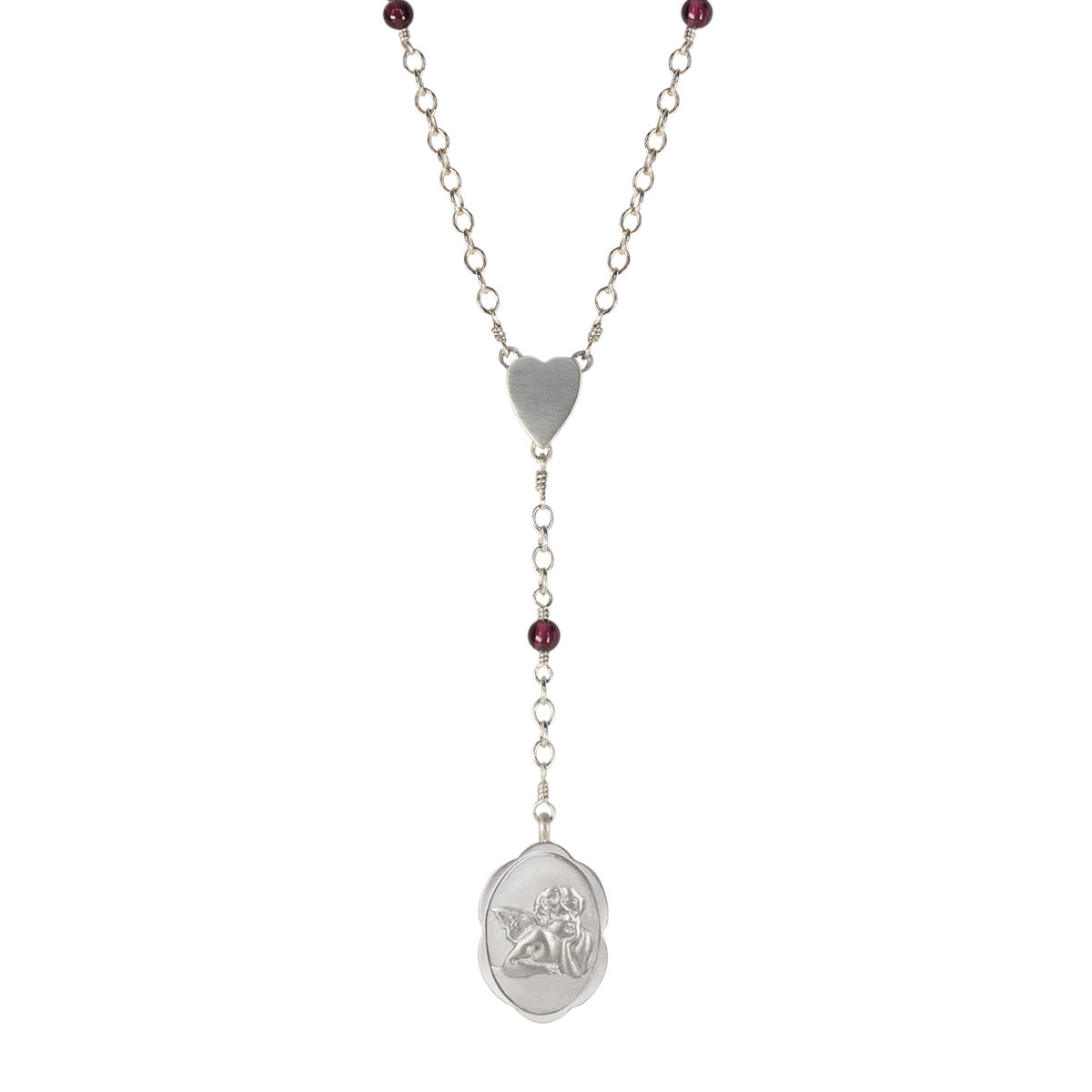 Sterling Silver Angel Rosary Necklace on Garnet Chain