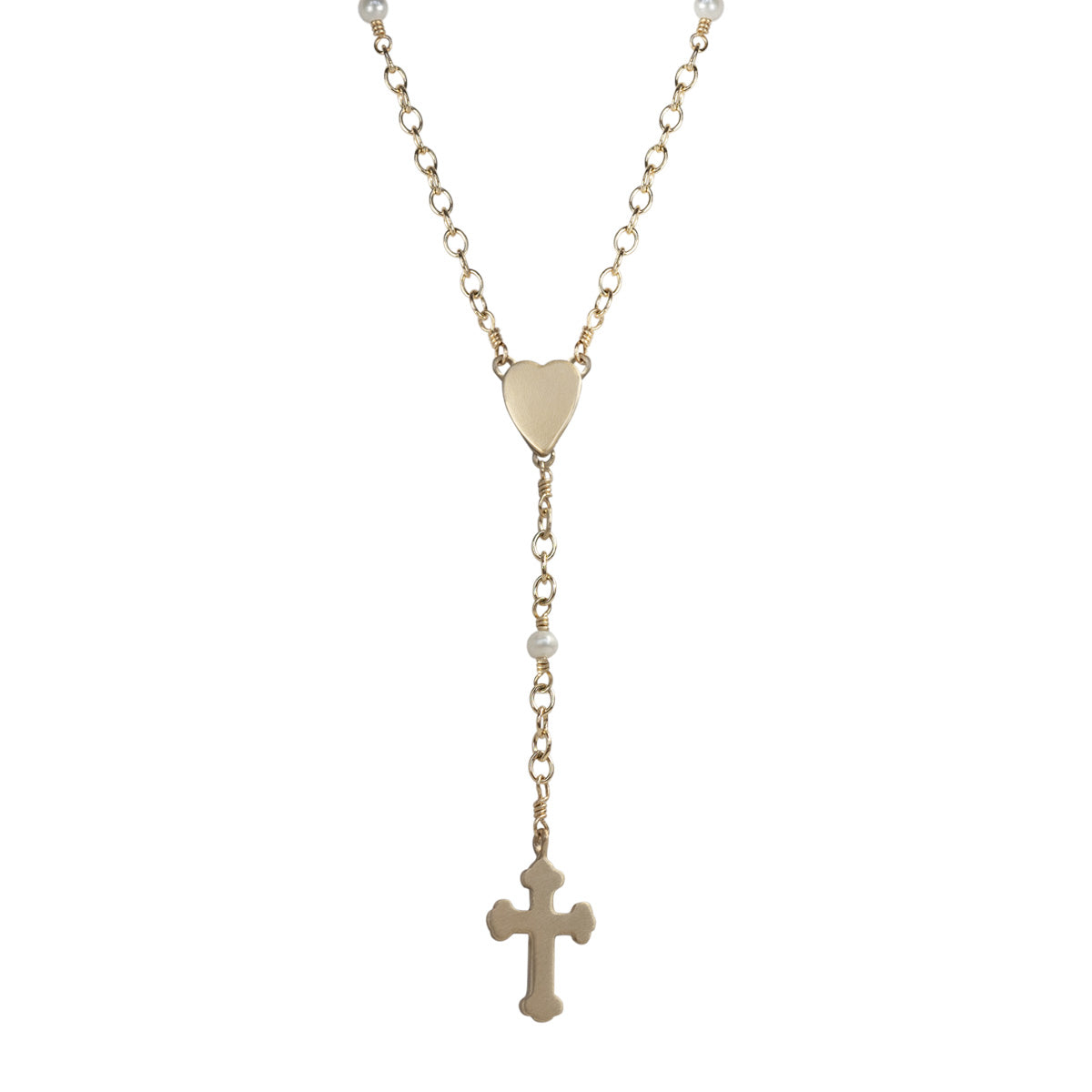 10K Gold Heart and Cross Rosary Necklace on Pearl Chain
