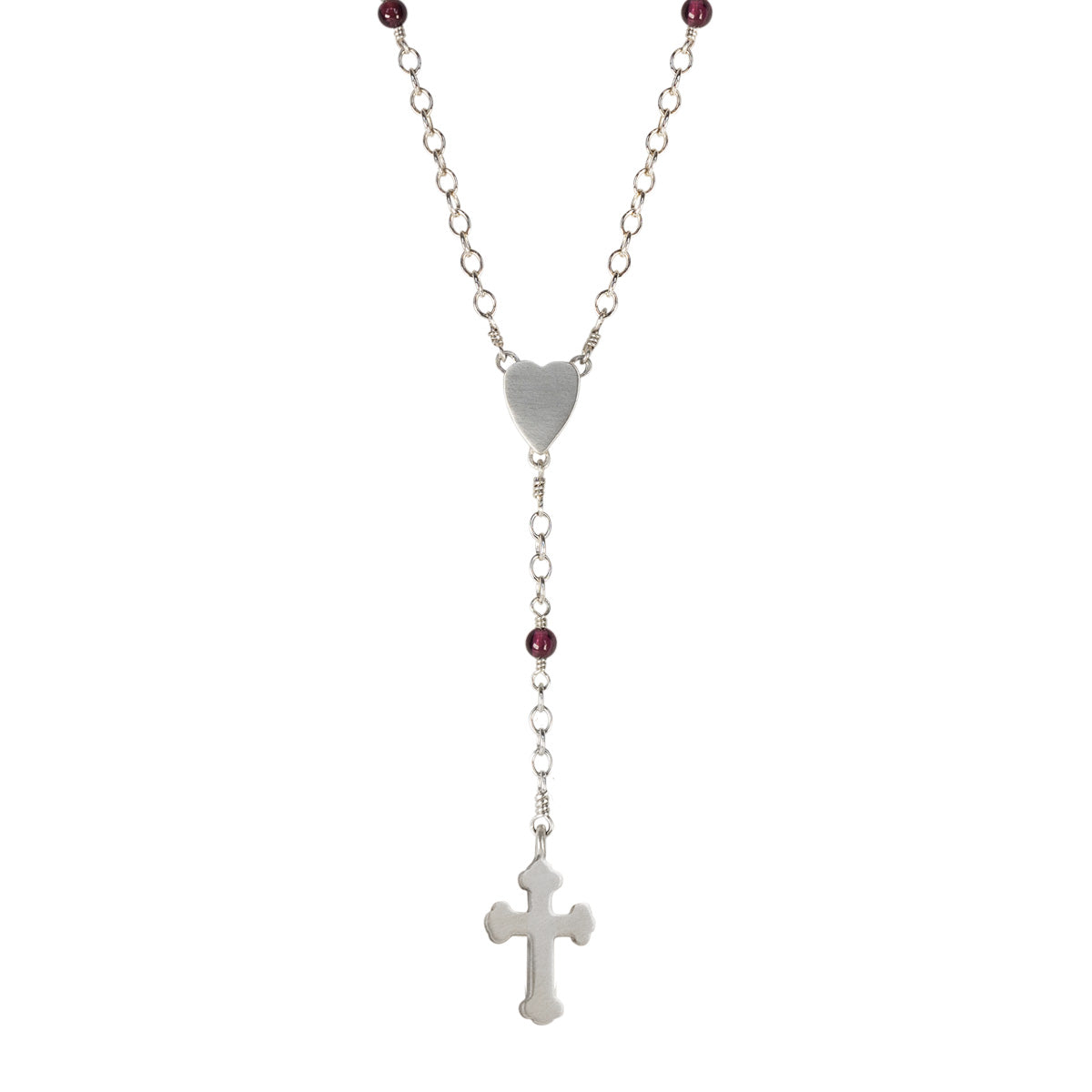 Sterling Silver Heart and Cross Rosary Necklace on Garnet Chain