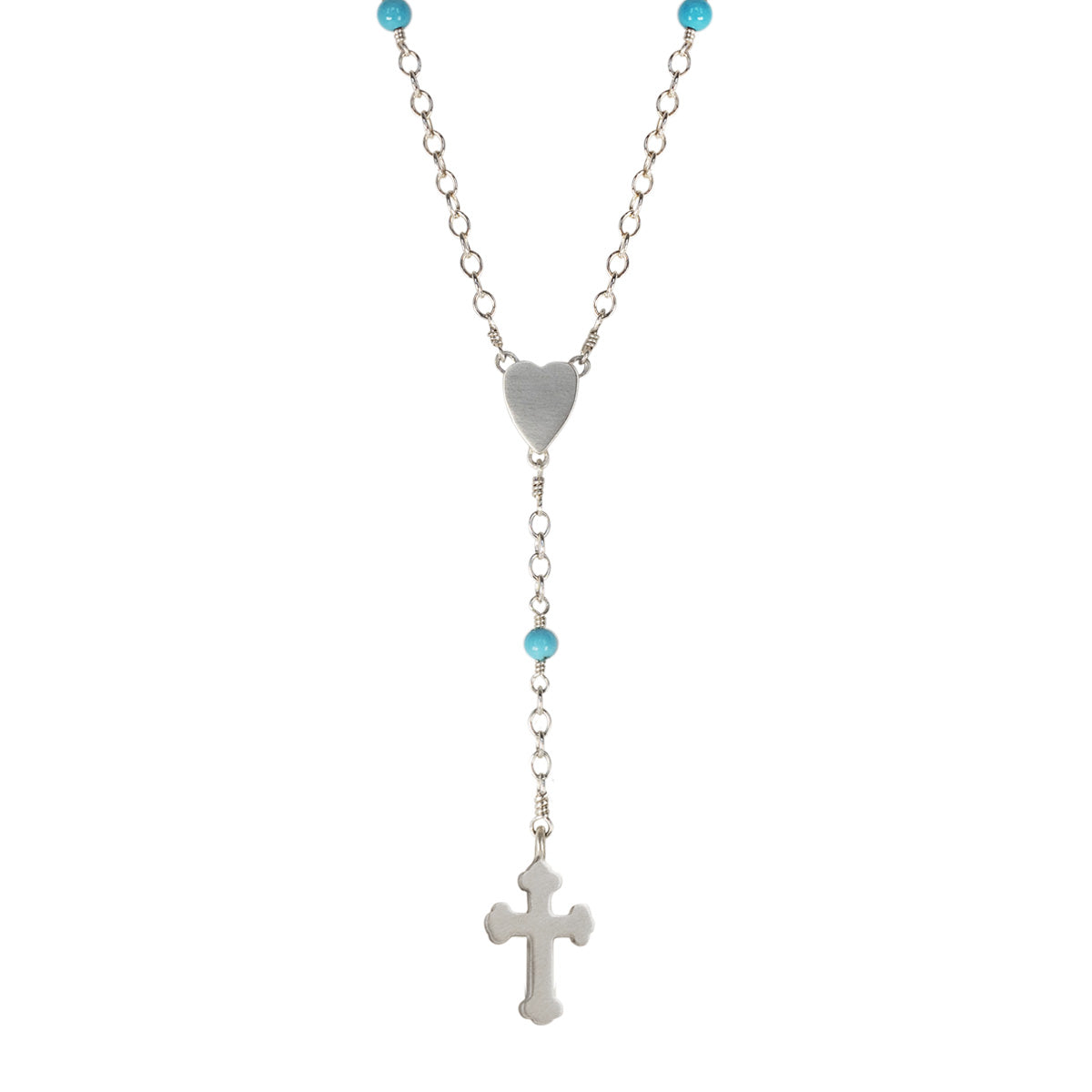 Sterling Silver Heart and Cross Rosary Necklace on Turquoise Chain