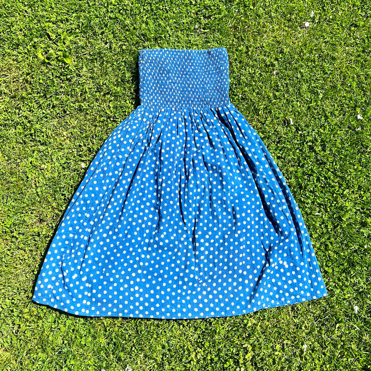 Blue Polka Dot Strapless Dress