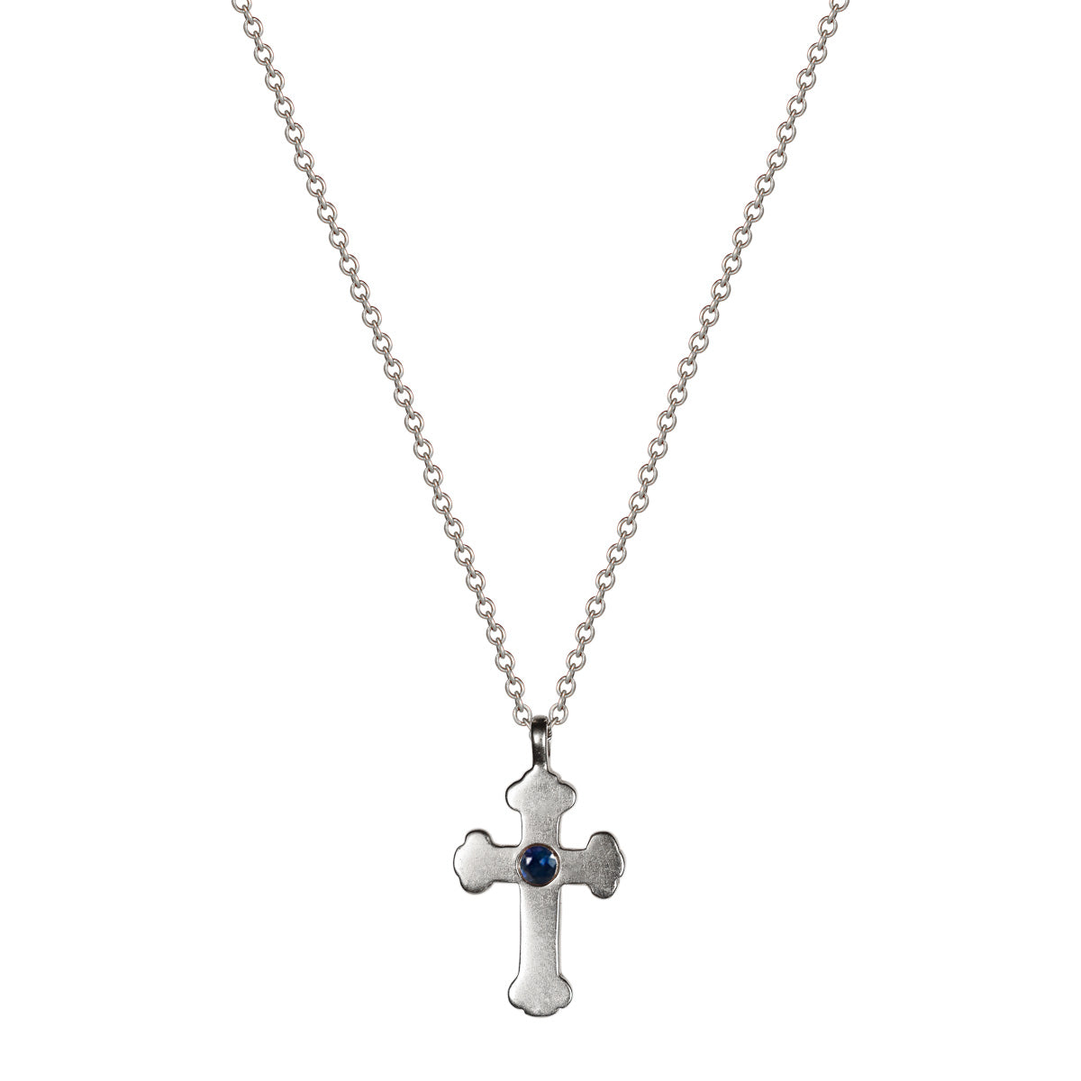 Sterling Silver Rosary Cross Pendant with Blue Sapphire