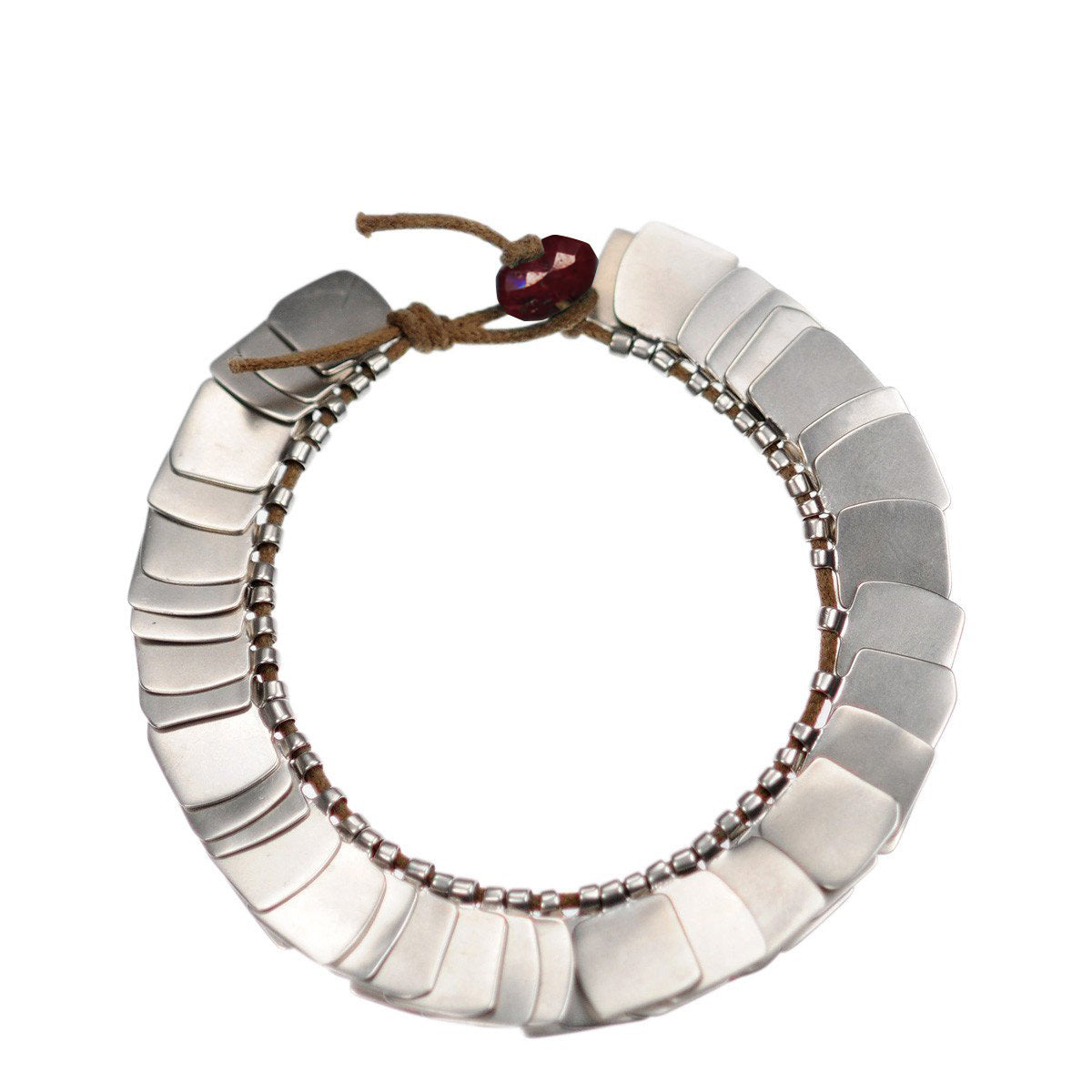 Sterling Silver Full Flattened Metal Bracelet on Cord with Ruby Bead Closure