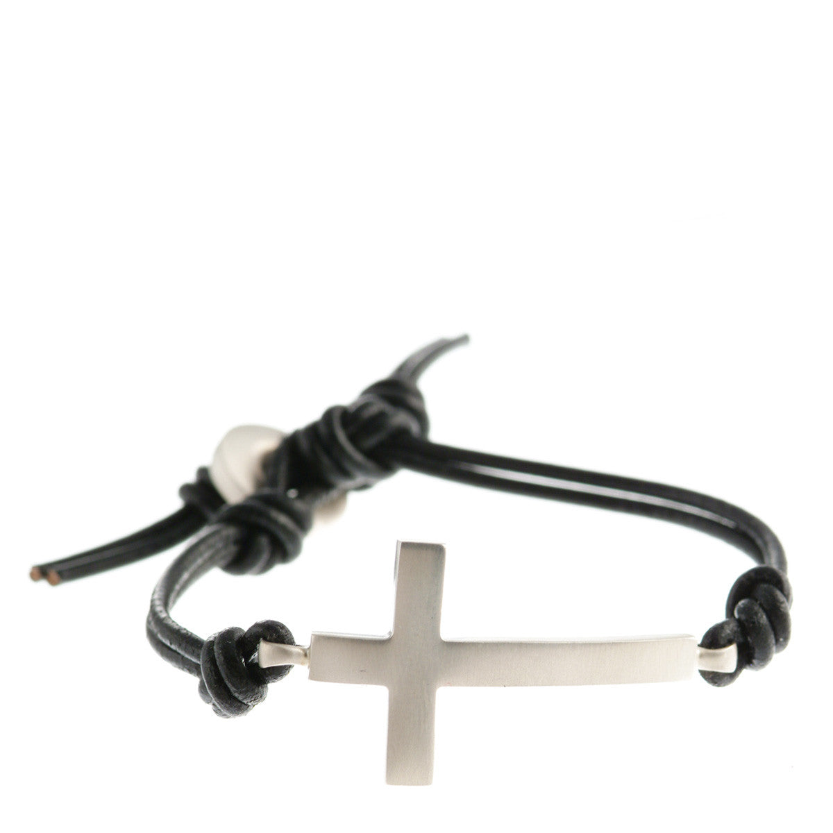 Men's Sterling Silver Cross Bracelet on Black Leather