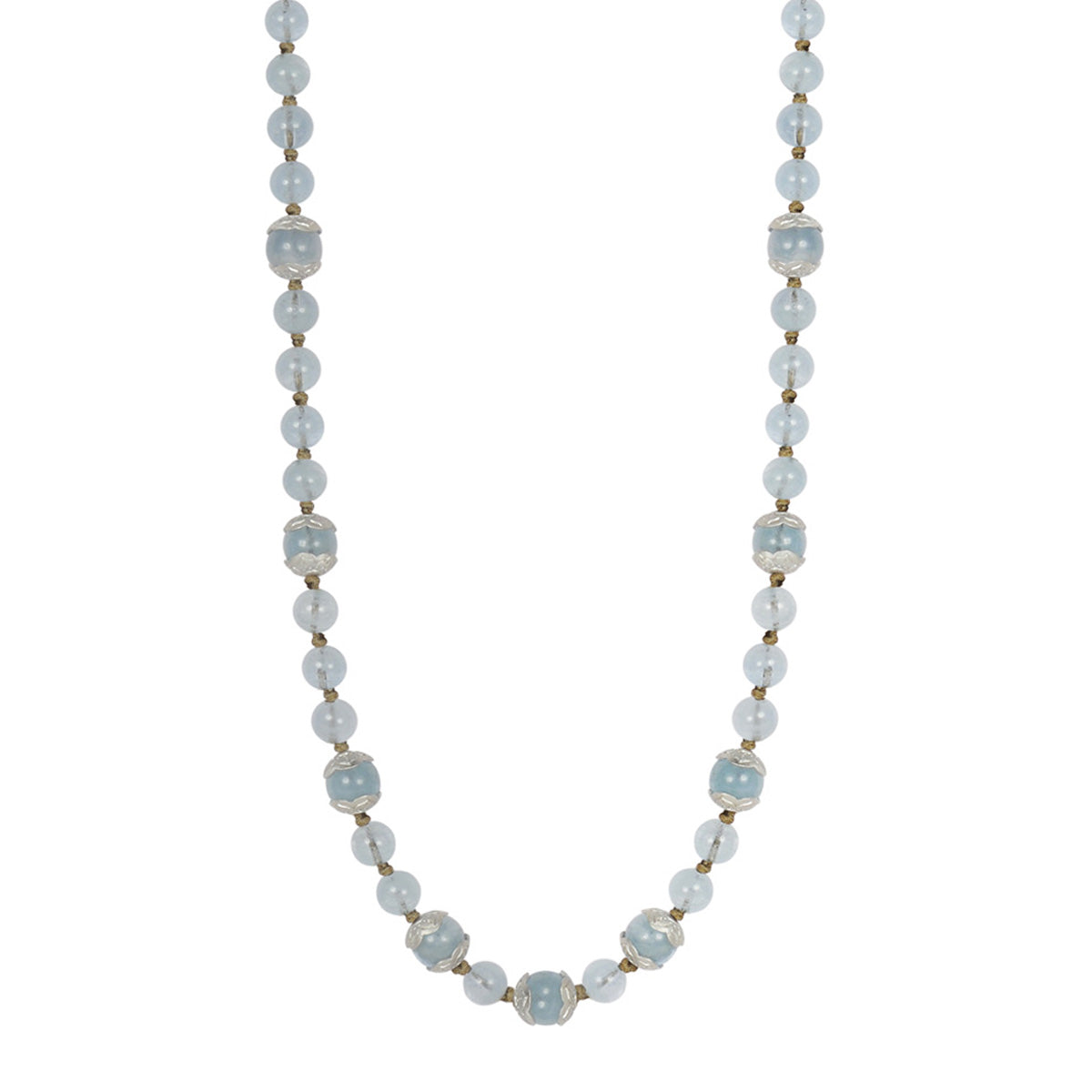 Sterling Silver Flower Cap Aquamarine Bead Necklace on Cord