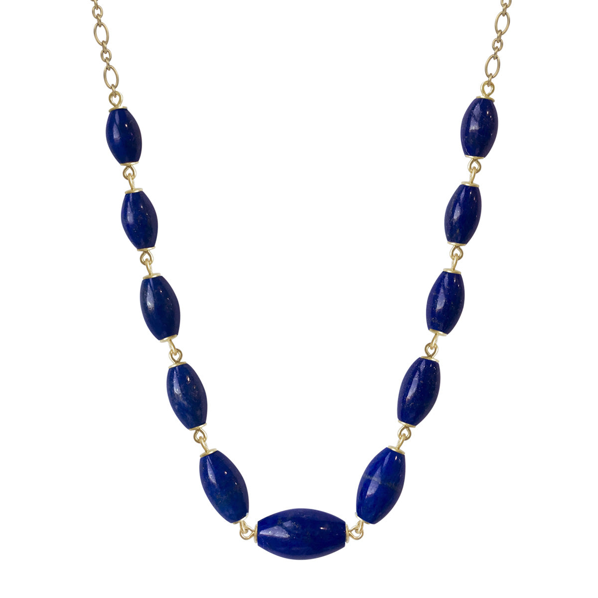 18K Gold Eleven Large Graduated Oval Lapis Beads on Trace Figaro Chain