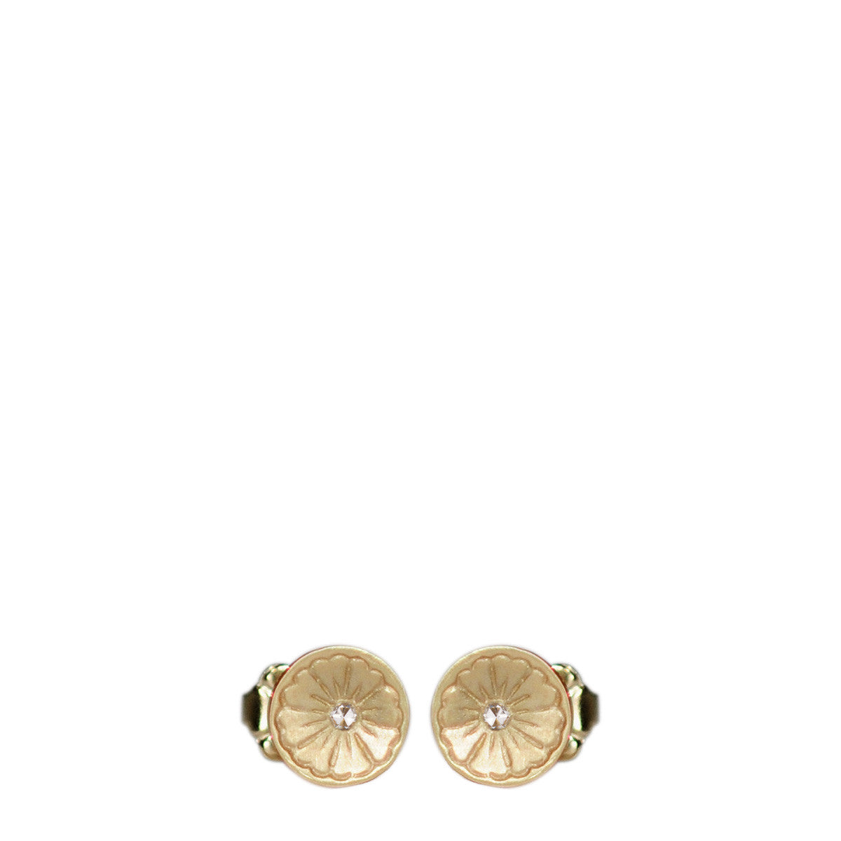 10K Gold Engraved Flower Stud Earrings with Diamonds
