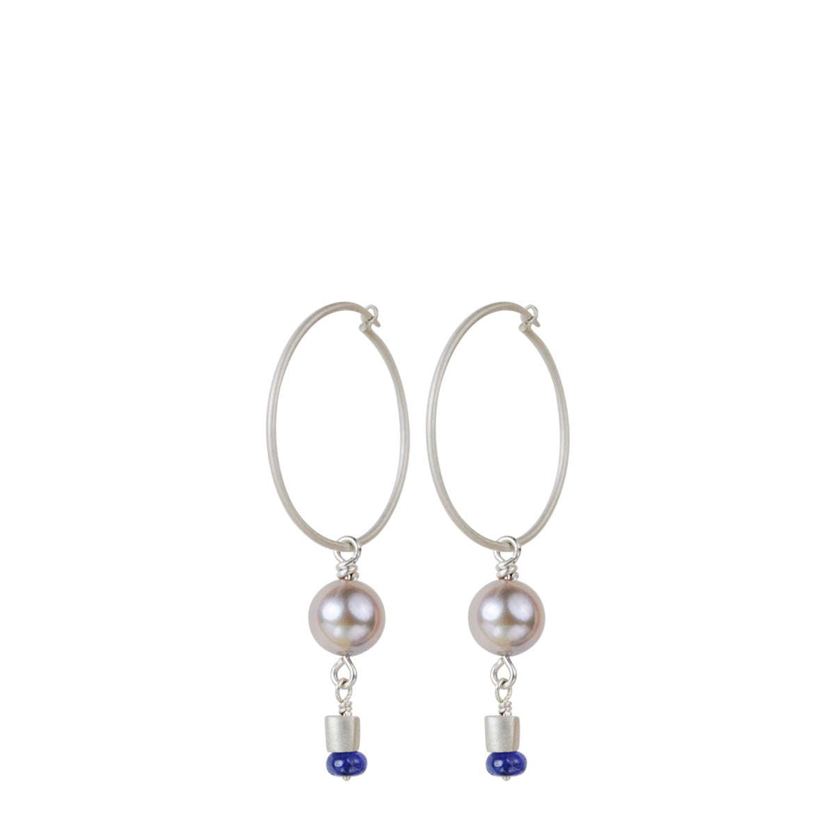Sterling Silver Simple Hoop Earrings with Akoya Pearls and Blue Sapphire Beads