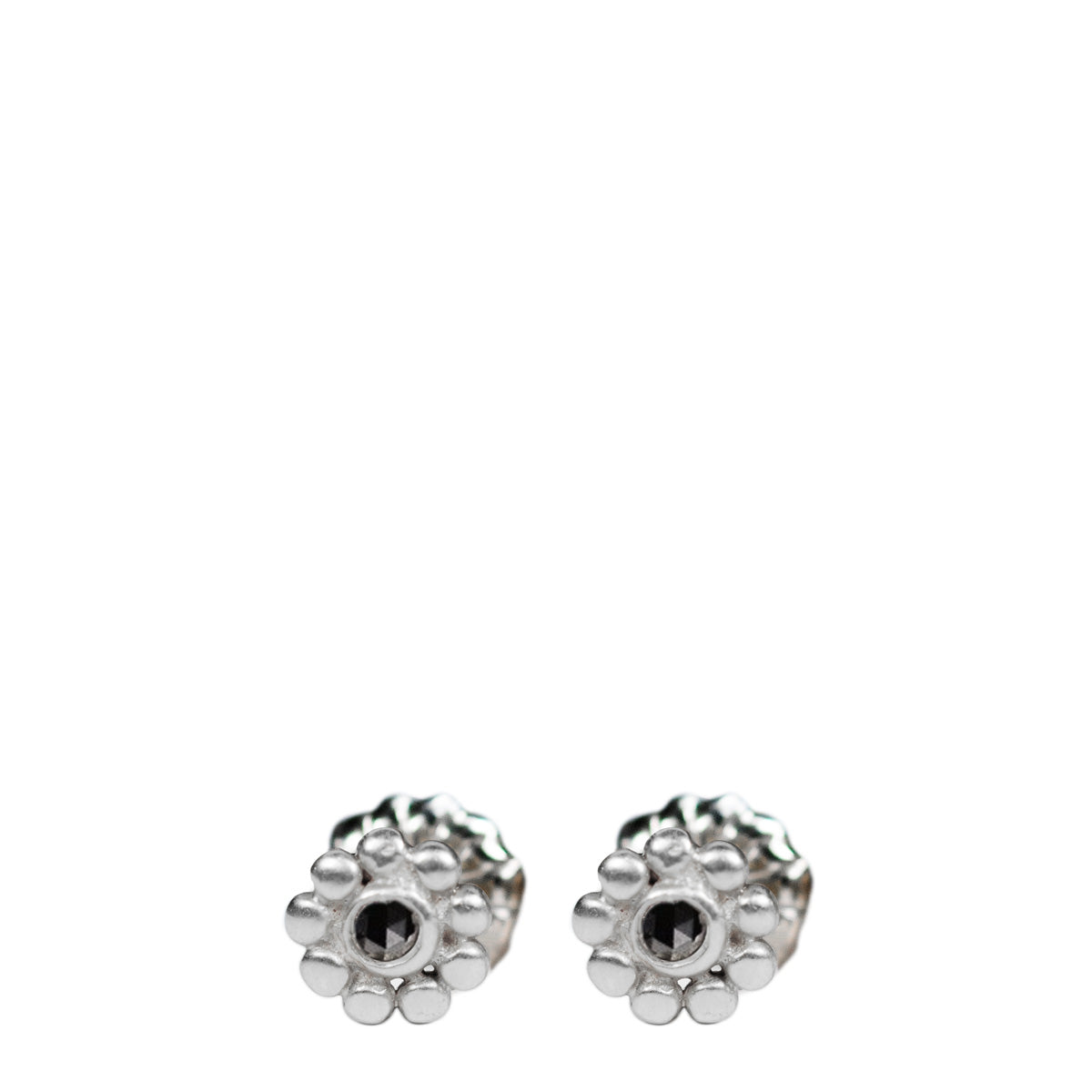 Sterling Silver Tiny Java Flower Stud Earrings with Black Diamonds