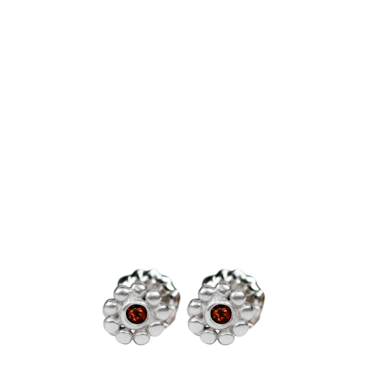 Sterling Silver Tiny Java Flower Stud Earrings with Garnets