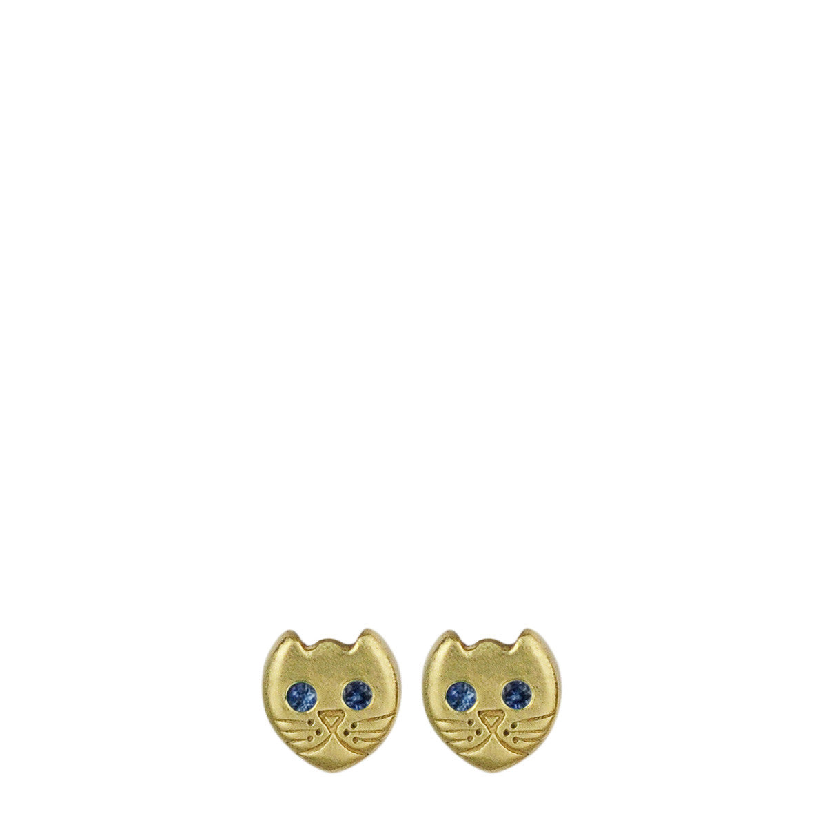 18K Gold Tiny Kitten Stud Earrings with Sapphire Eyes