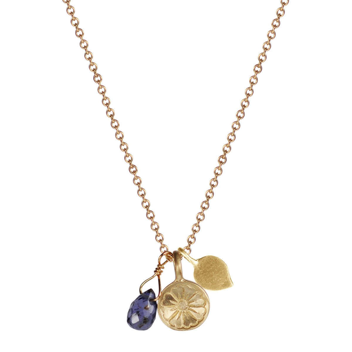 10K Gold Flower Trinket on Chain with Lotus Petal and Iolite Bead