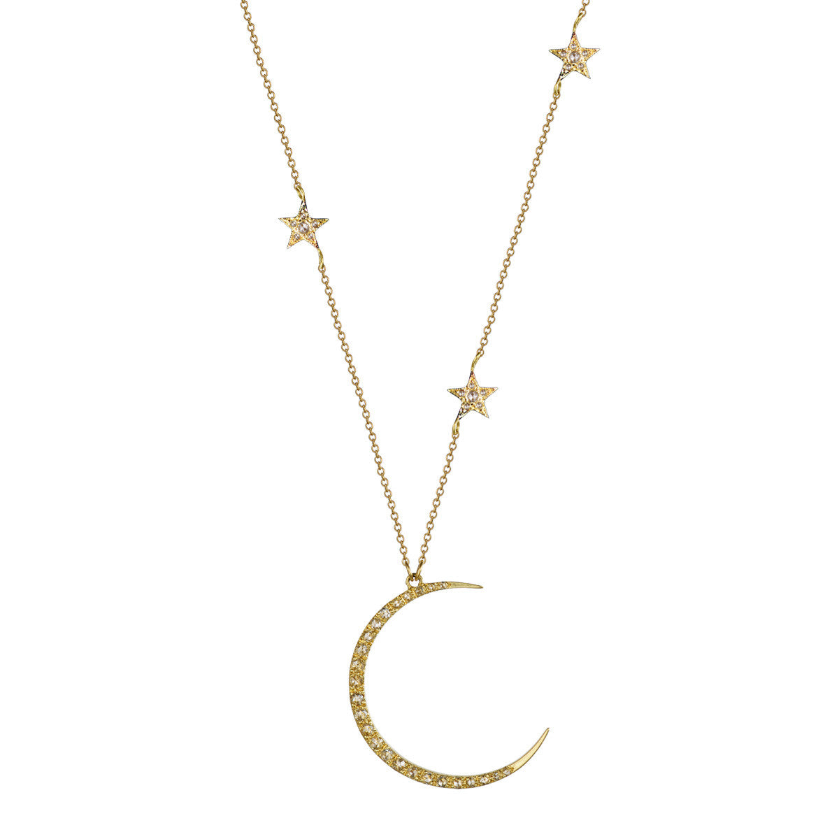 18K Gold Crescent Moon &amp; Triple Star Pendant with Diamonds