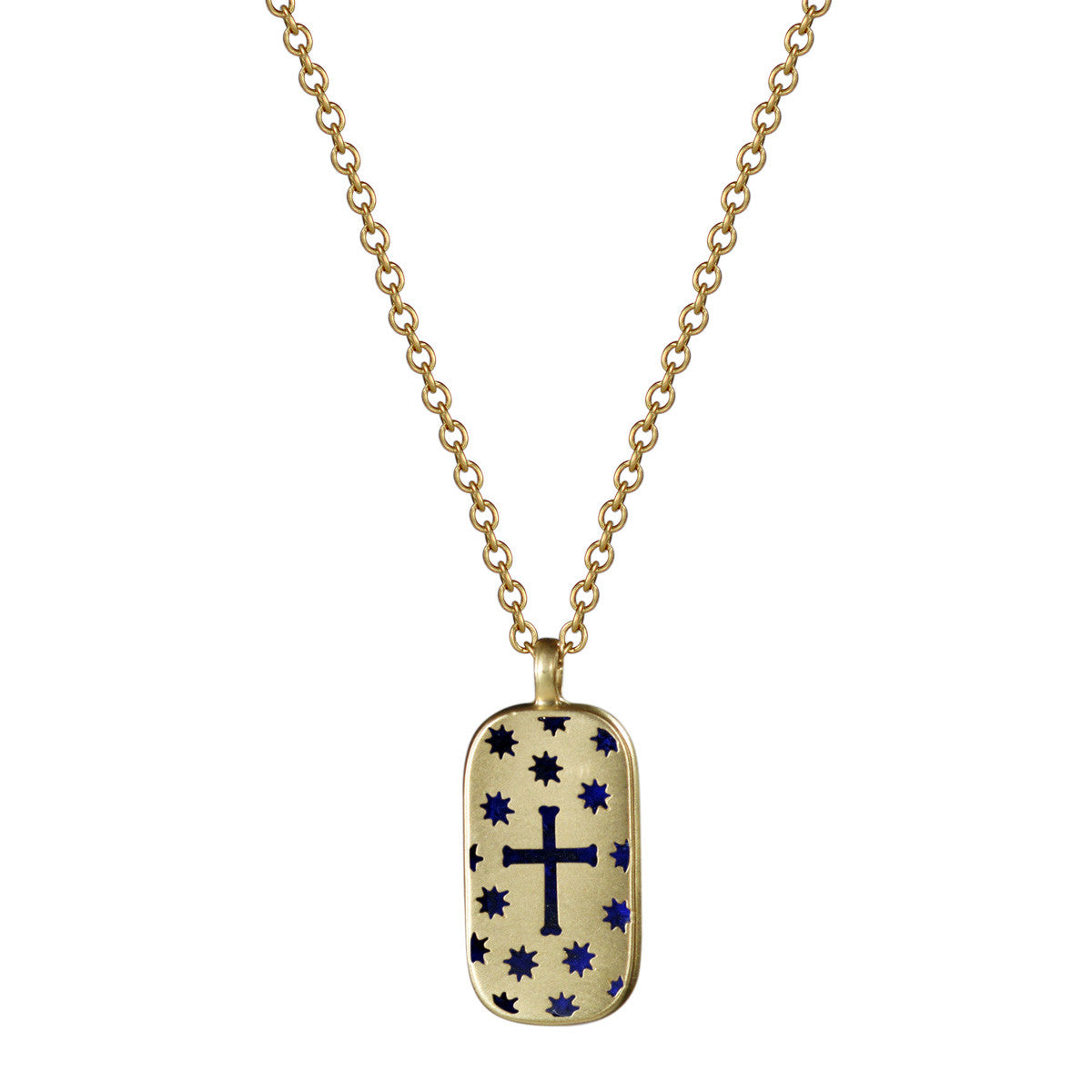 18K Gold Cross &amp; Stars Cut Out Pendant with Lapis