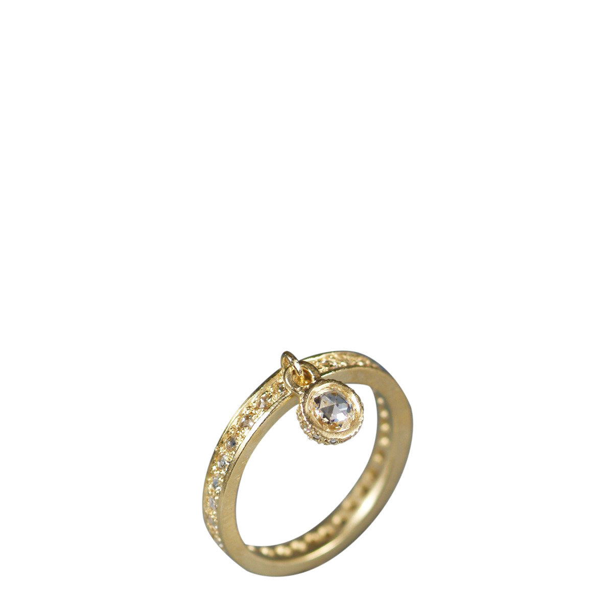 18K Gold 4mm Rose Cut Diamond Dangle Ring with Pave Band