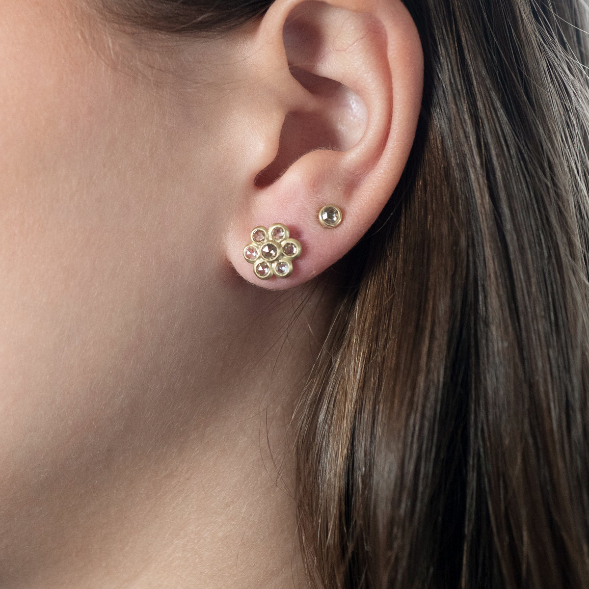 0.93 ct. "Daisy Flower" Natural Brown Rose Cut Diamond Stud Earrings in 18K Gold