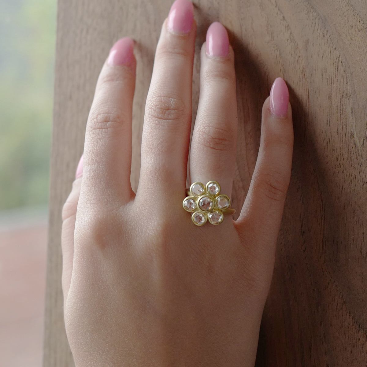 3.146 ct. "Daisy Flower" Natural Brown Rose Cut Diamond Ring in 18K Gold