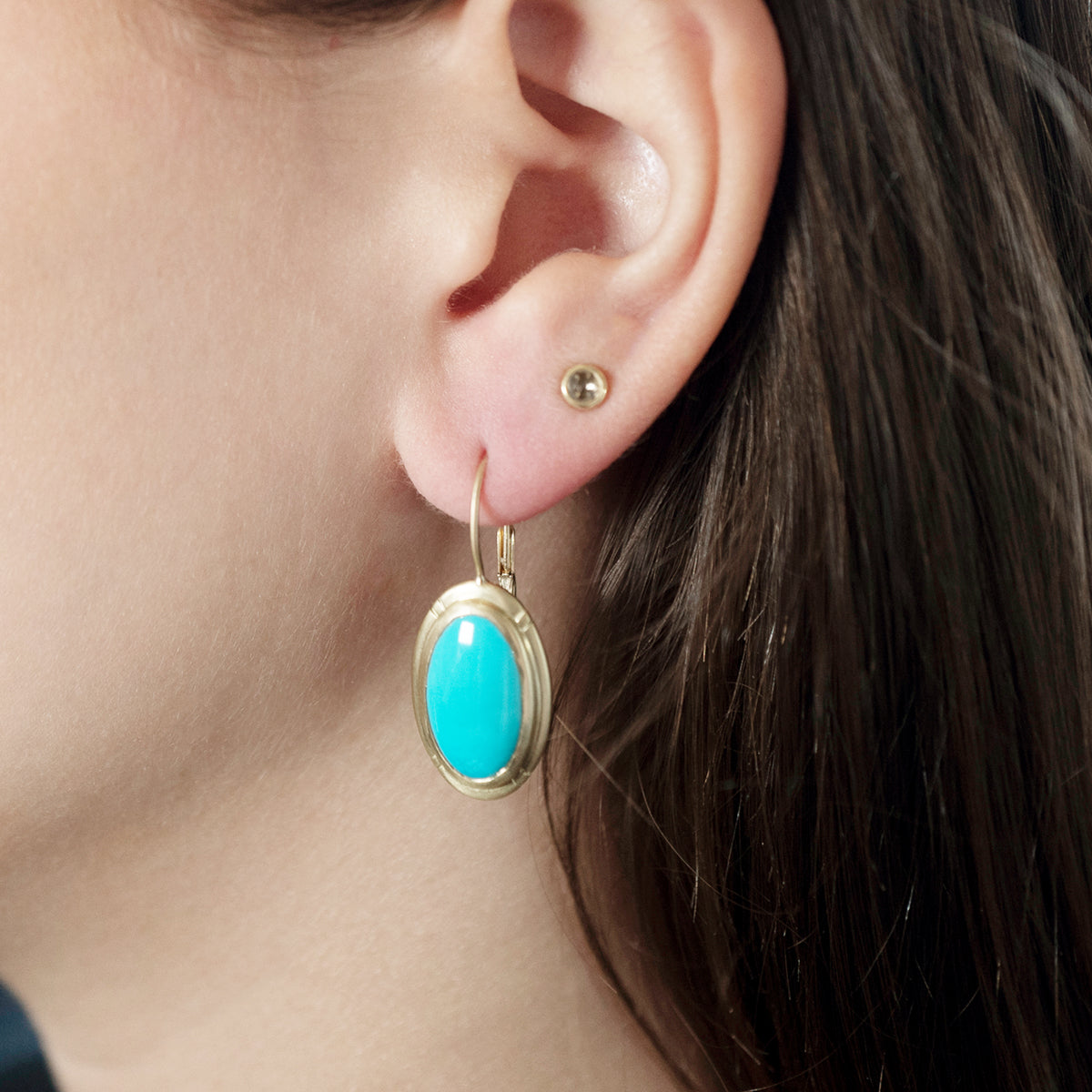 Medium Etched Oval Sleeping Beauty Turquoise Earrings in 18K