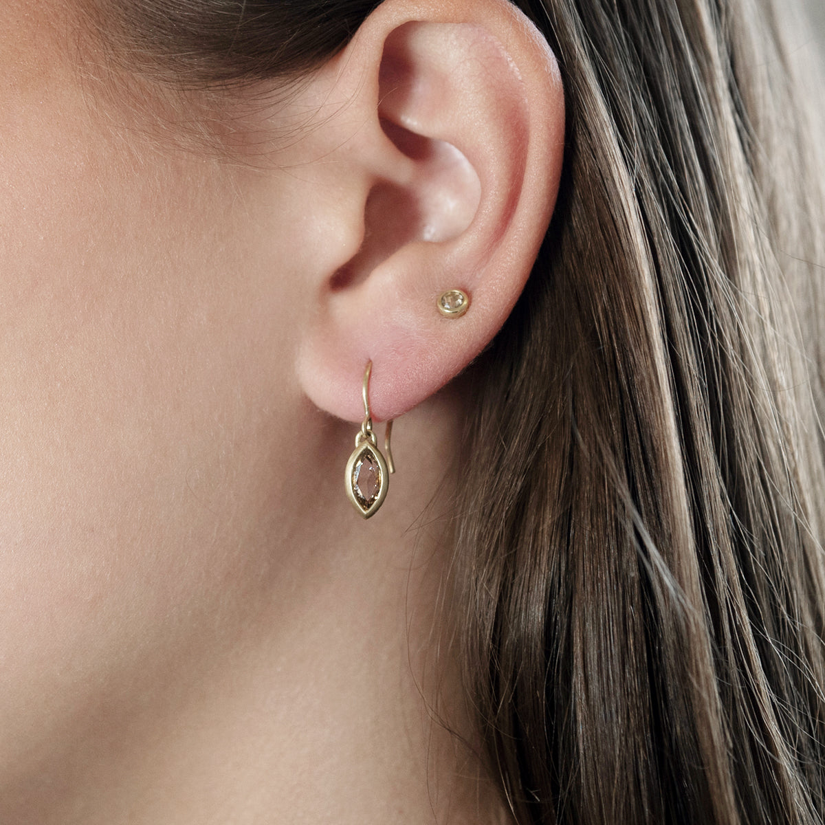 Cognac Rose Cut Diamond Marquis Drop Earrings in 18K Gold