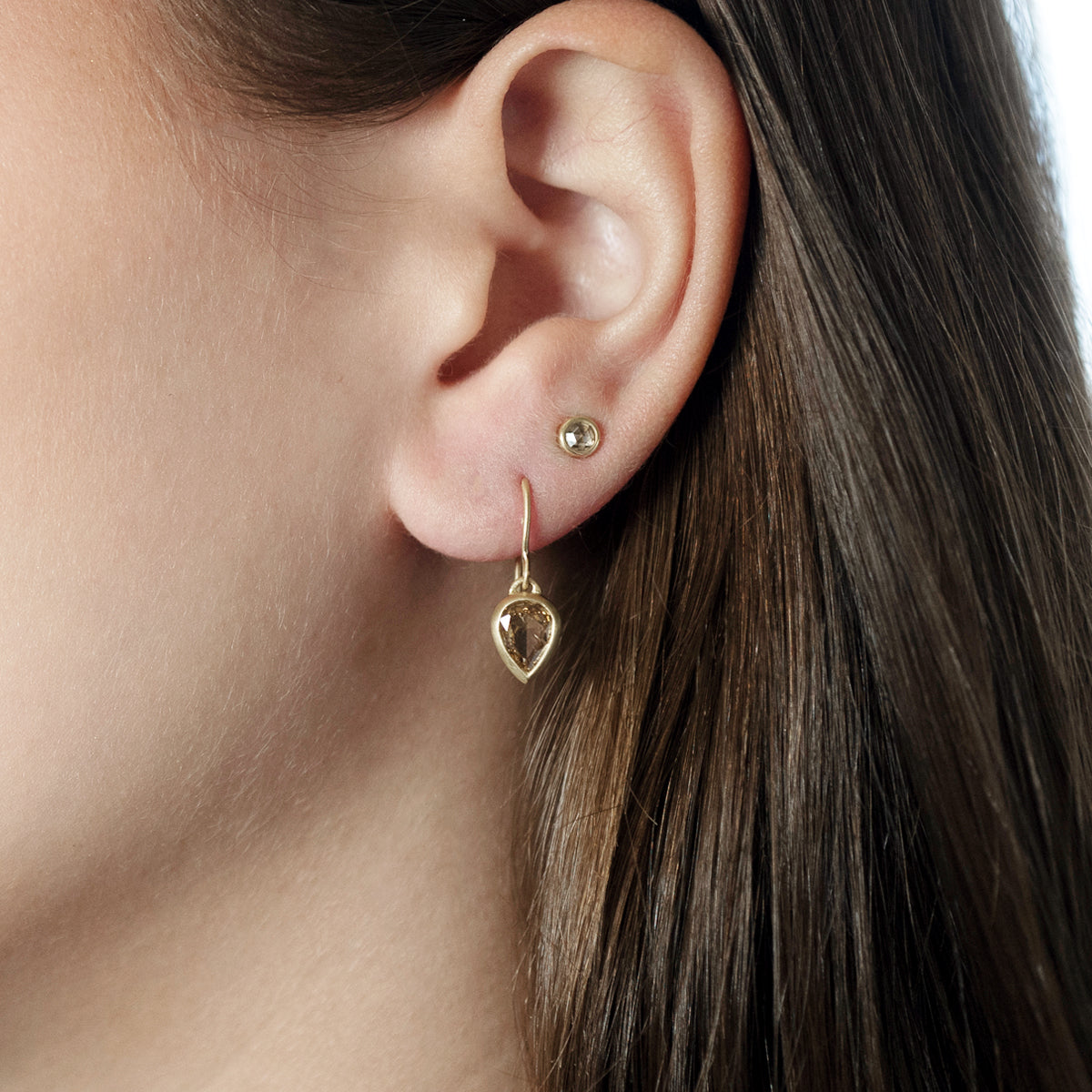 Cognac Rose Cut Diamond Teardrop-Shaped Earrings in 18K Gold