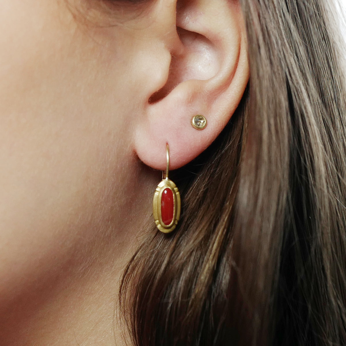 Small Etched Oval Vintage Oxblood Coral Earrings in 22K Gold