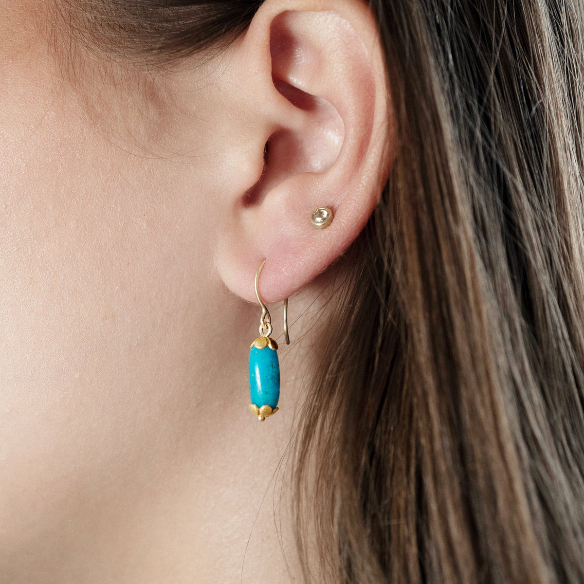 22K Gold Persian Turquoise Bead Earrings with Tiny Flower Caps