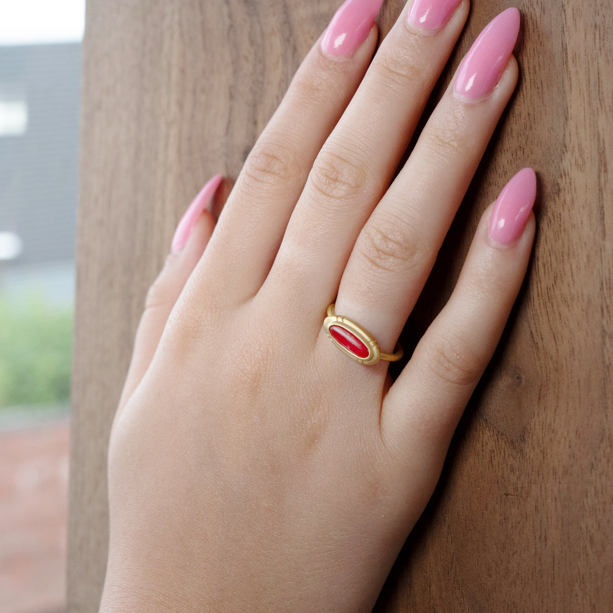 Small Etched Vintage Oxblood Coral Ring in 22K Gold