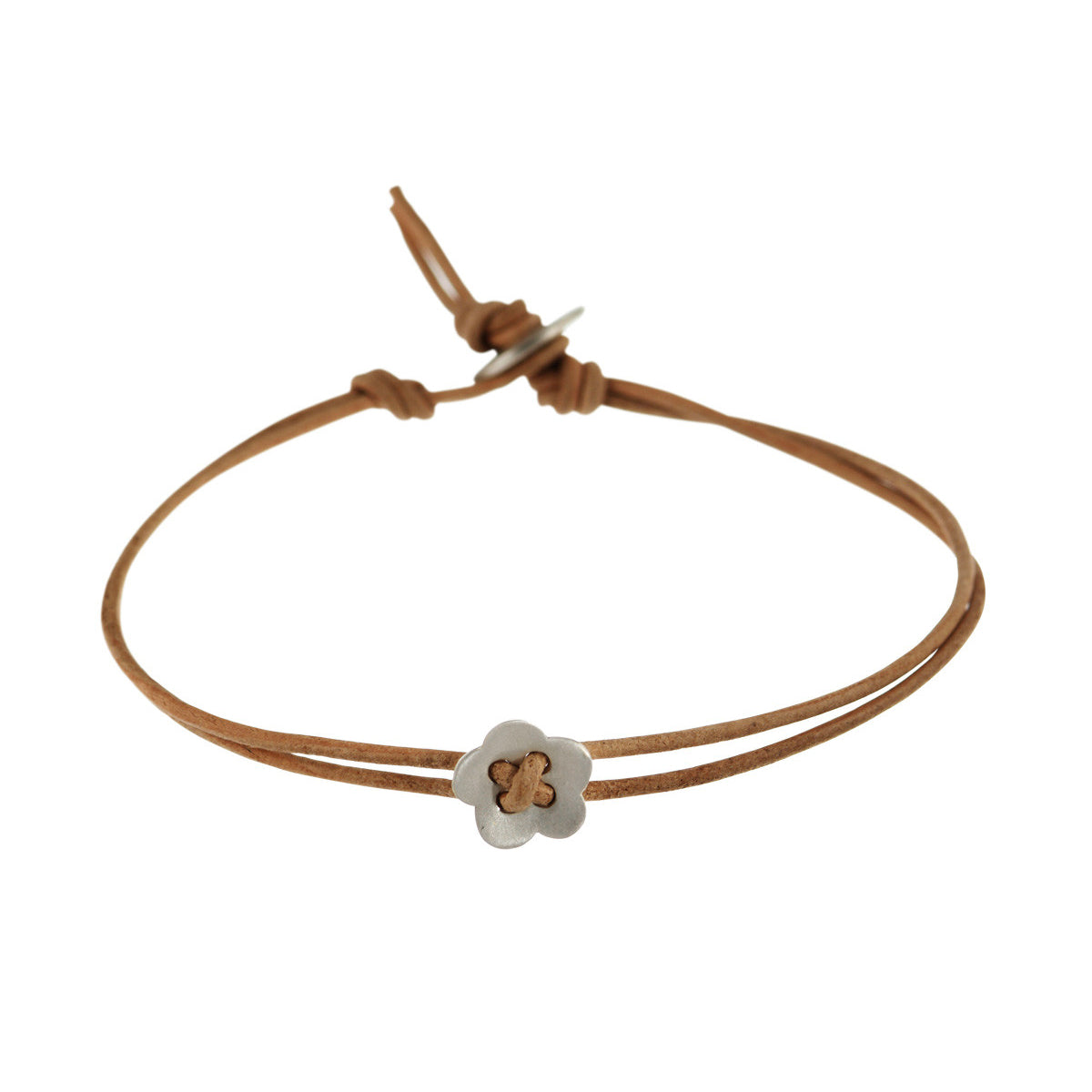 Sterling Silver Small Single Flower Bracelet on Natural Leather