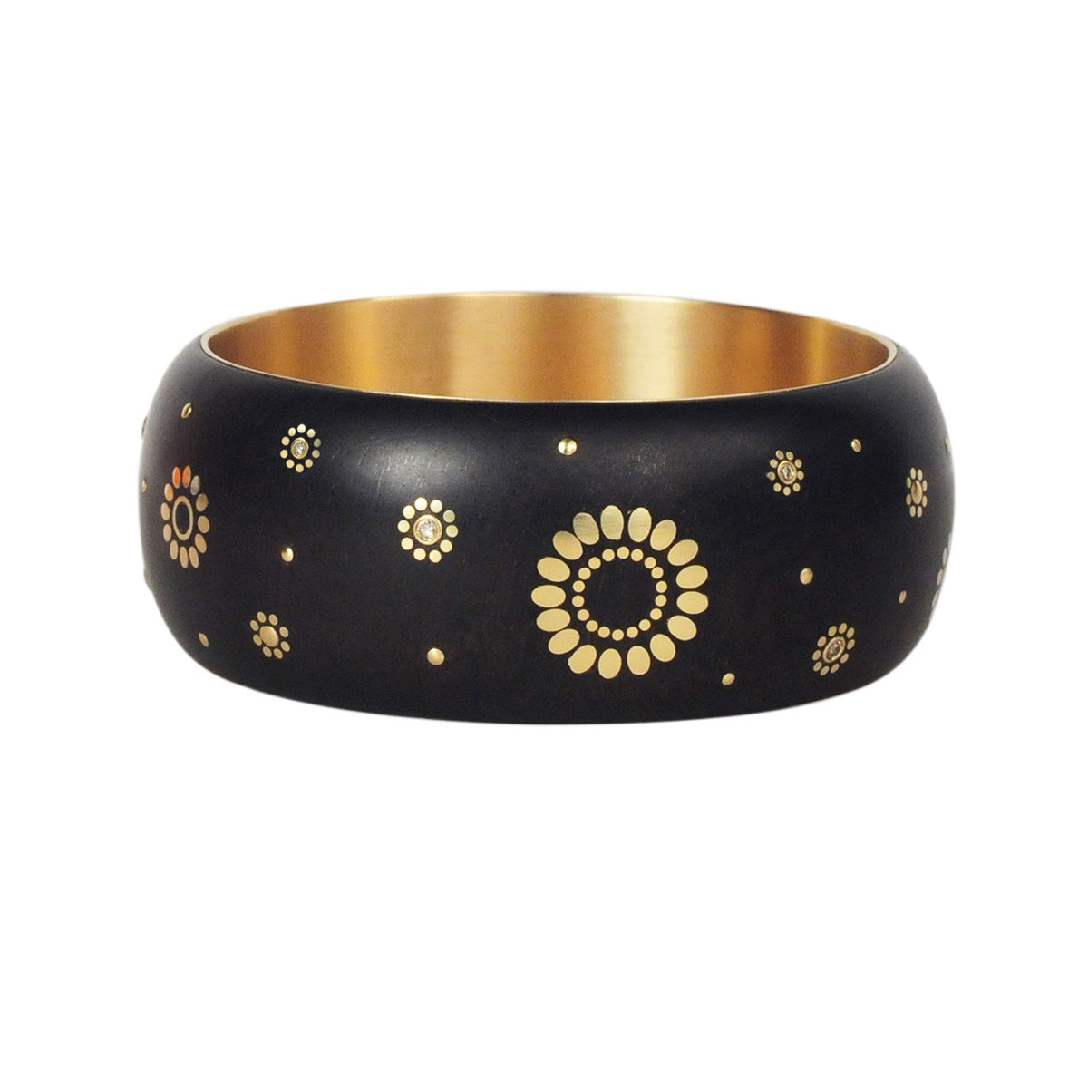 18K Gold Wide Ebony Bangle with Inlaid Gold Flowers and Diamonds