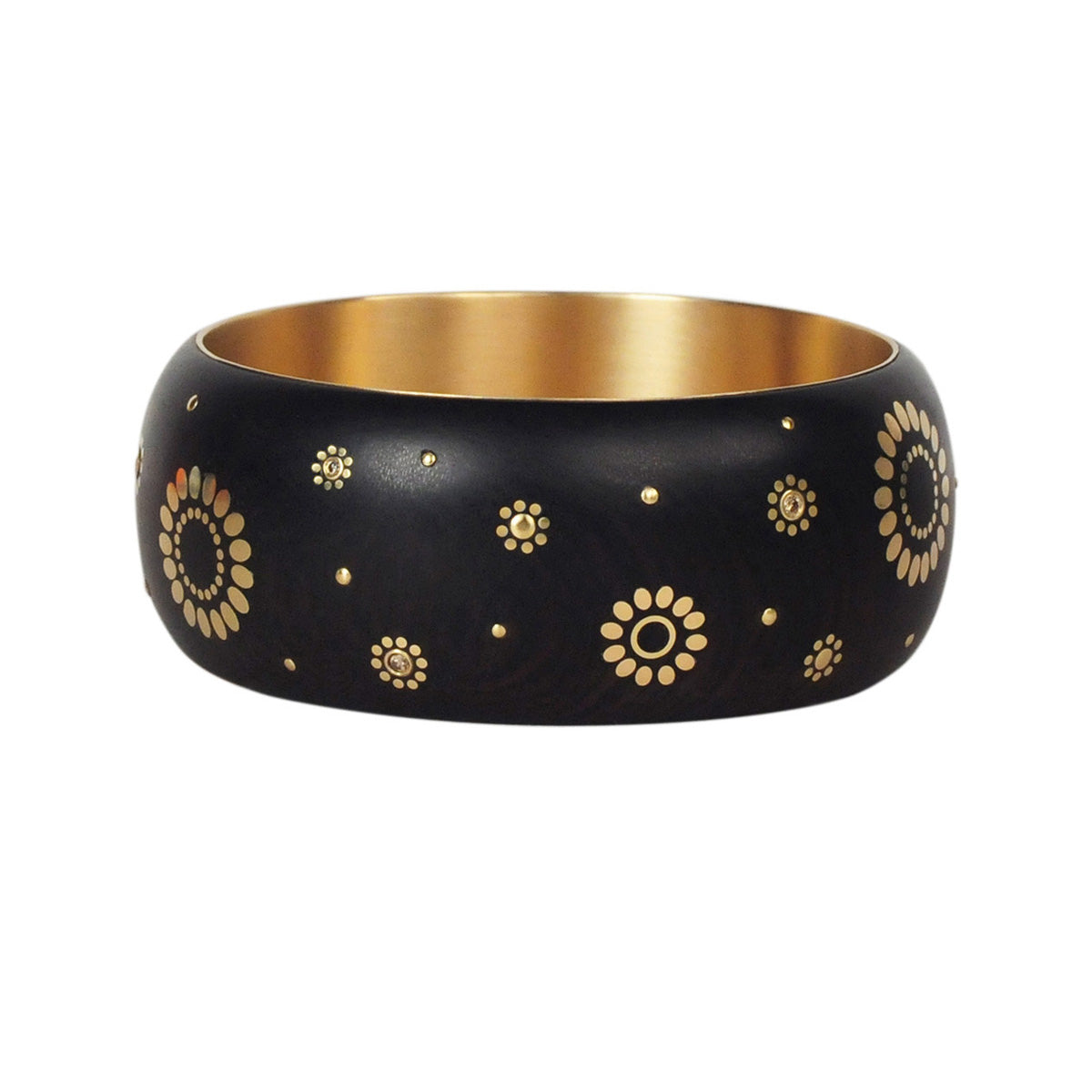 18K Gold Wide Ebony Bangle with Inlaid Gold Flowers and Diamonds