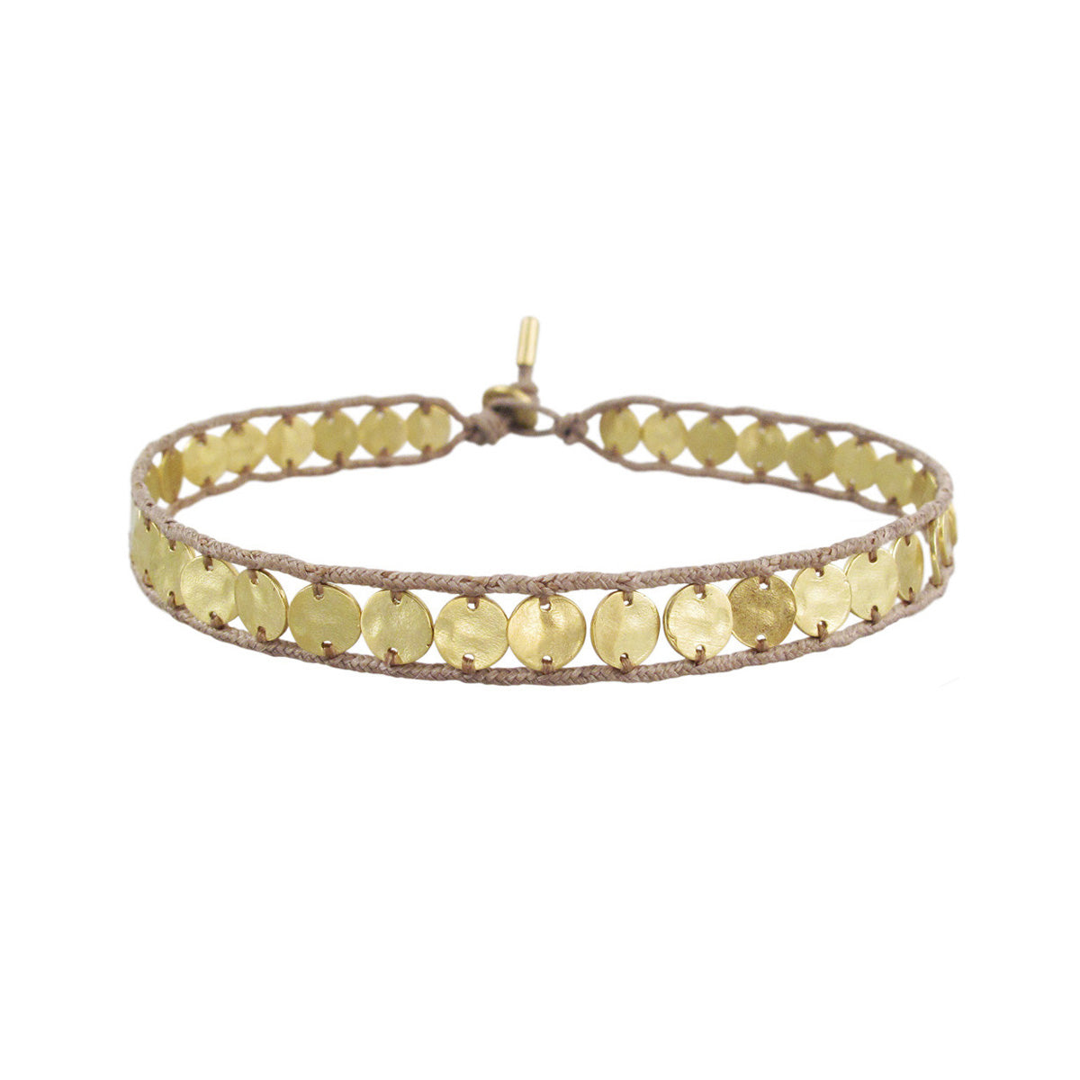 18K Gold Small Hammered Disc Bracelet on Cord