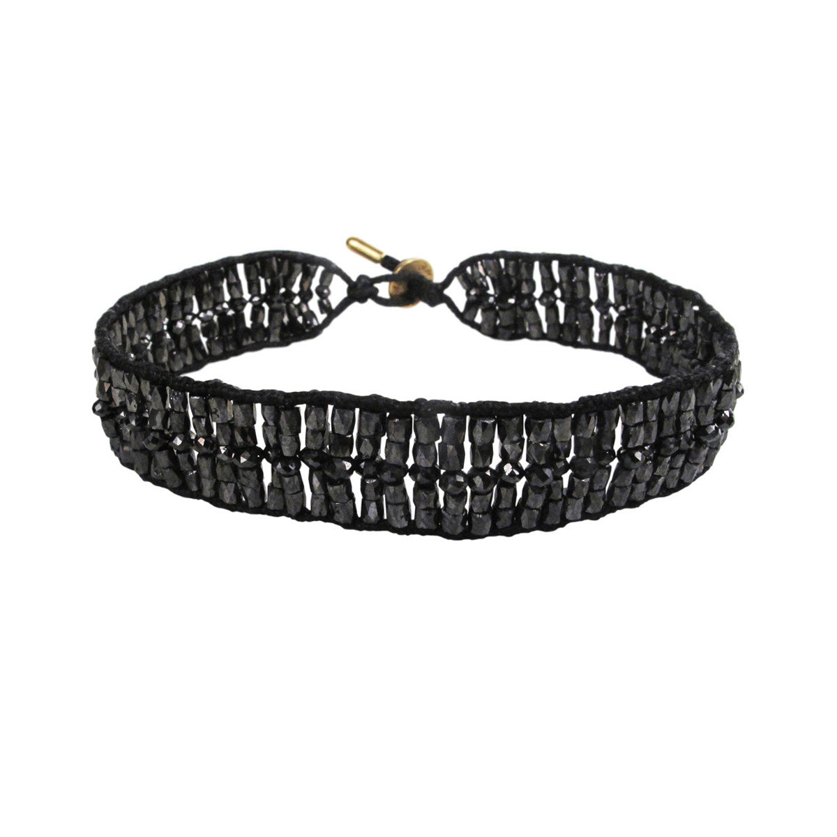 18K Gold Wide Woven Tube and Rondelle Bracelet in Black Diamonds