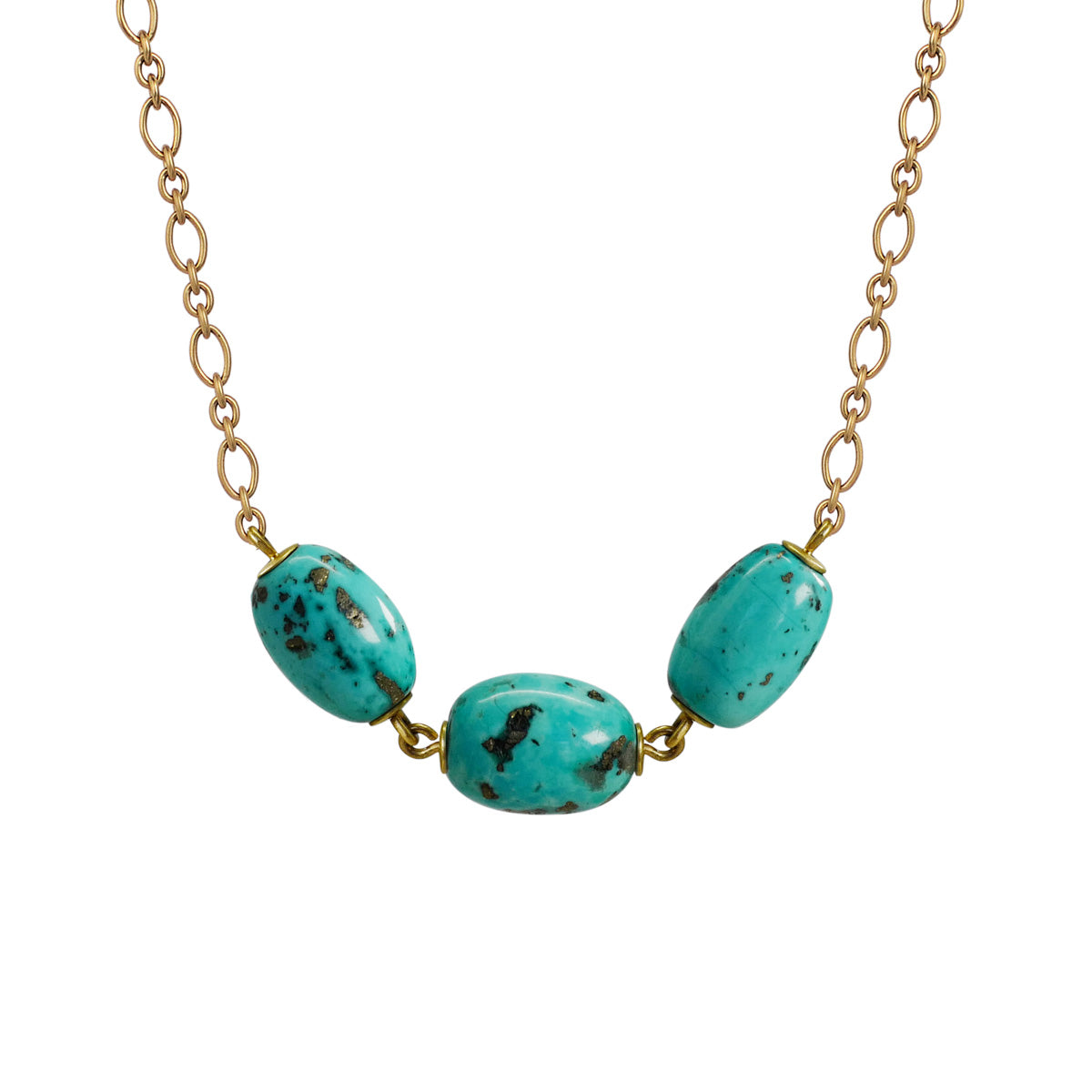 18K Gold Three Oval Persian Turquoise Beads on Chain