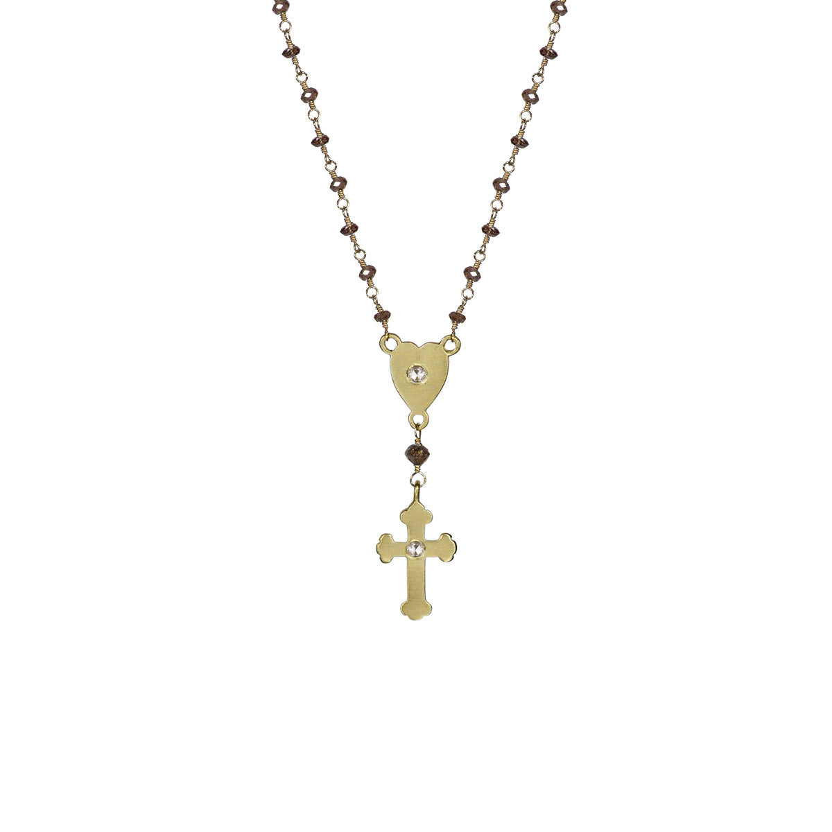 18K Gold Rosary Heart and Cross on Brown Diamond Chain