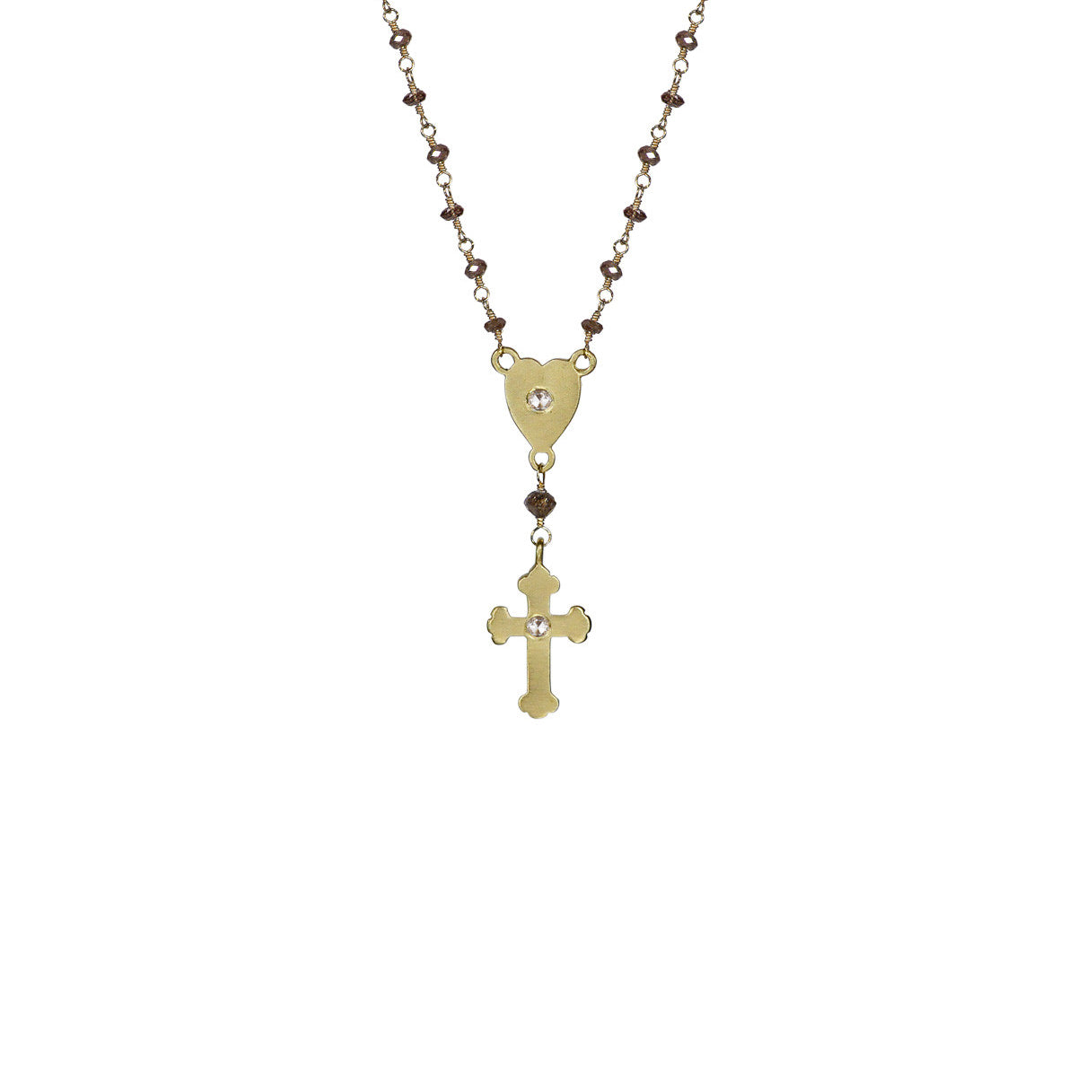 18K Gold Rosary Heart and Cross on Brown Diamond Chain
