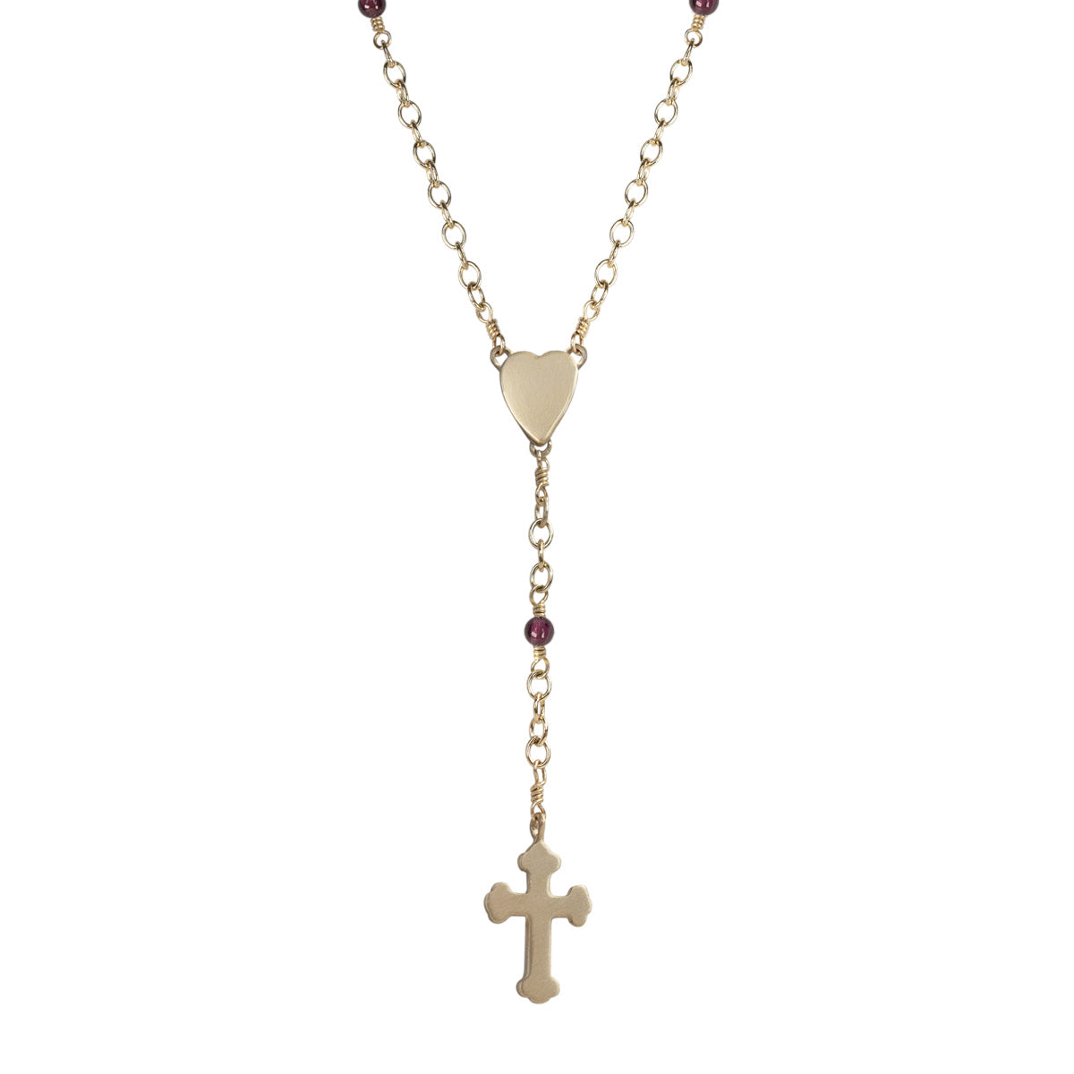 10K Gold Heart and Cross Rosary Necklace on Garnet Chain