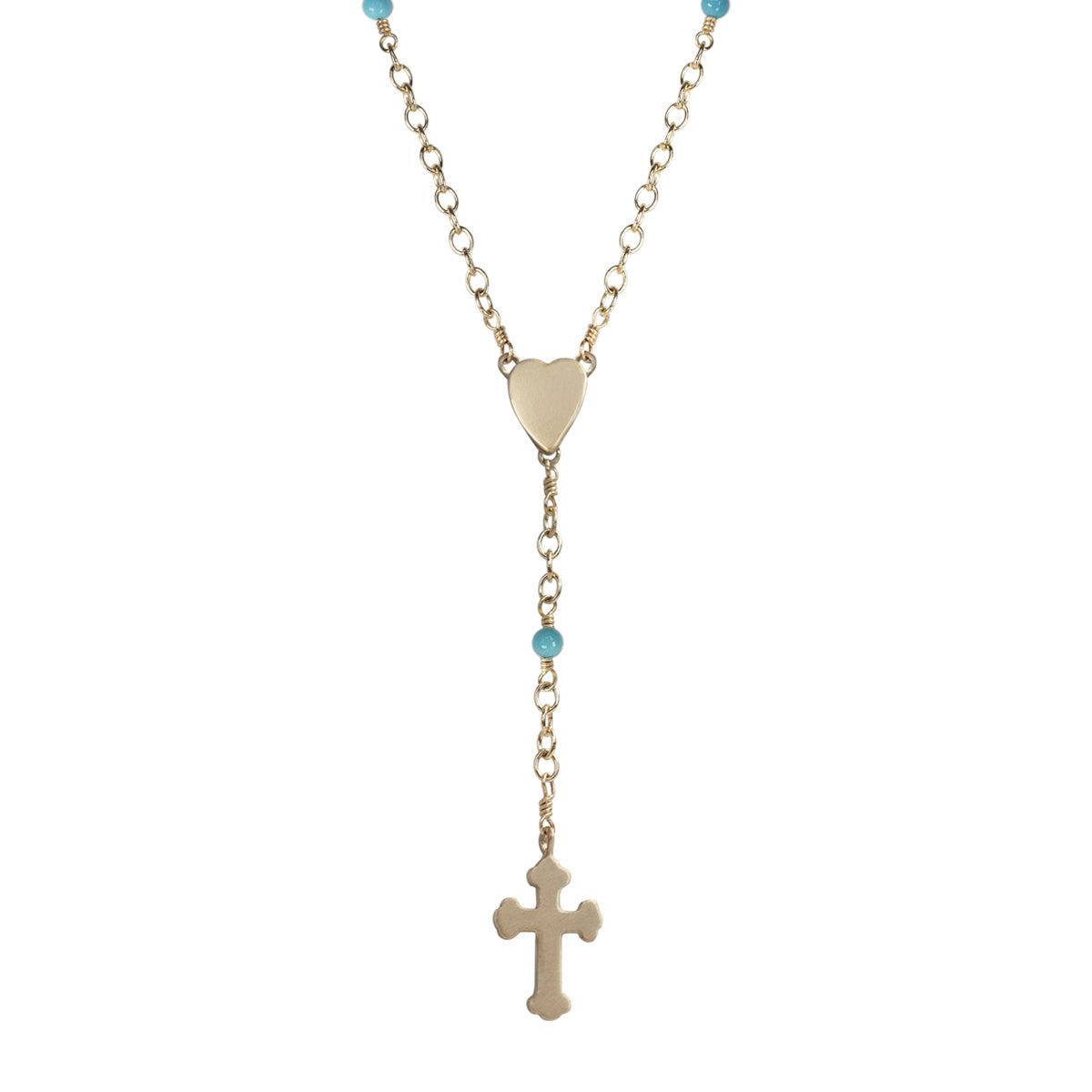 10K Gold Heart and Cross Rosary Necklace on Turquoise Chain