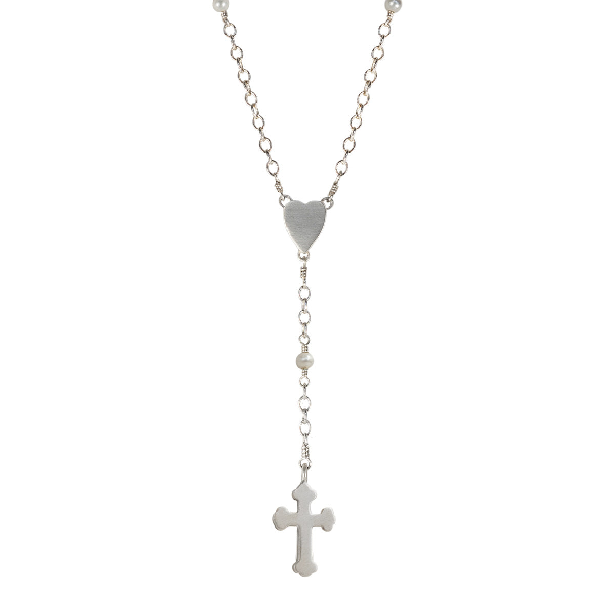Sterling Silver Heart and Cross Rosary Necklace on Pearl Chain