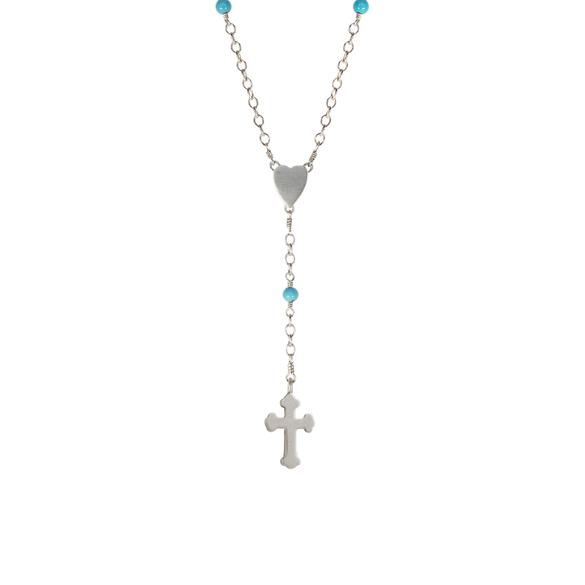 Sterling Silver Heart and Cross Rosary Necklace on Turquoise Chain