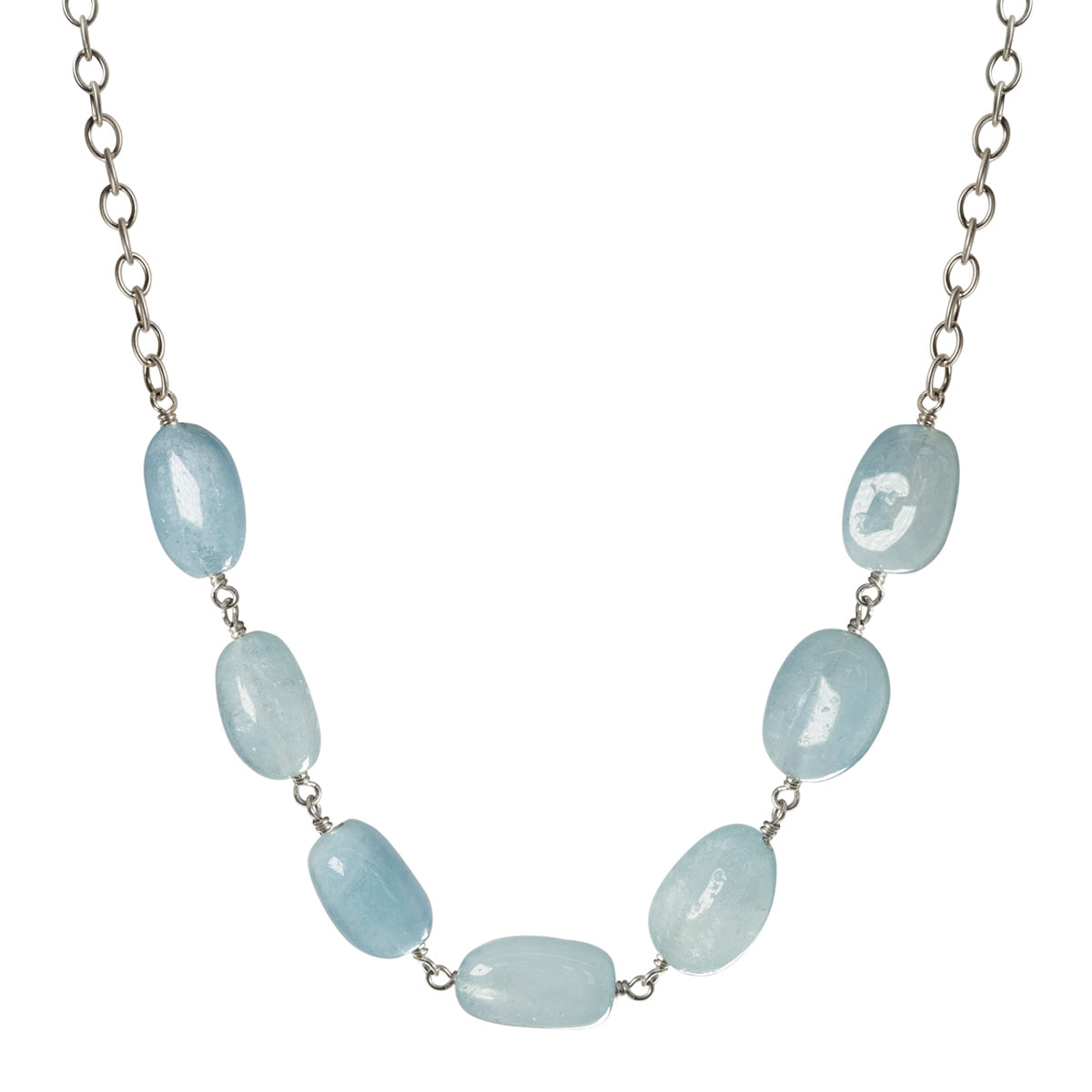 Sterling Silver 7 Aquamarine Bead Necklace on Chain