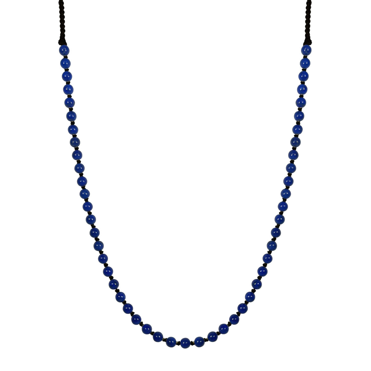 Sterling Silver Round Lapis Beaded Necklace on on Black Cord