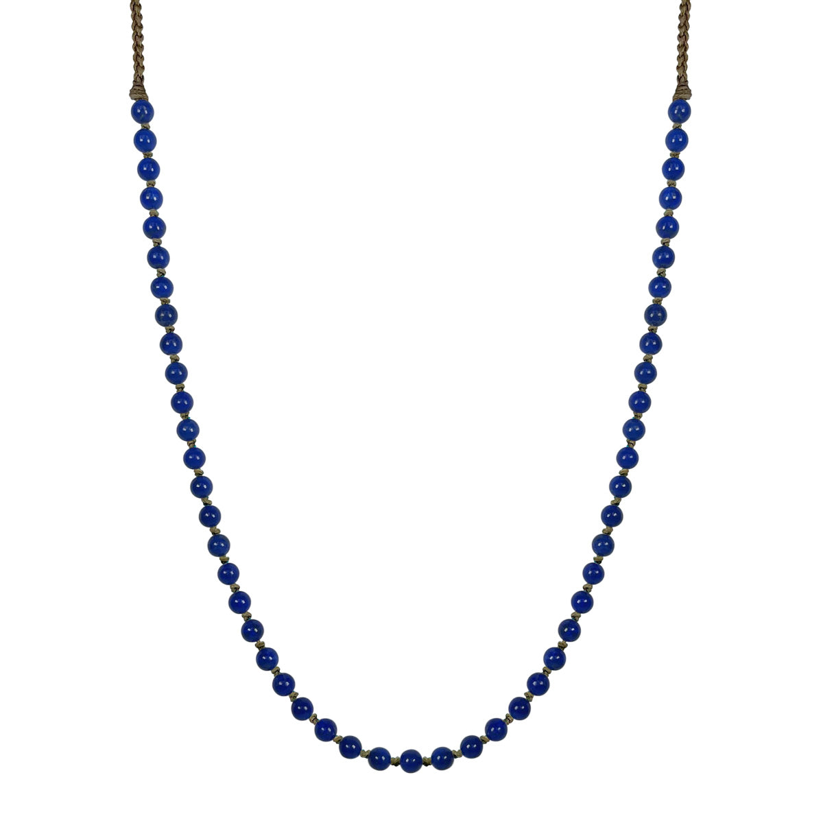 Sterling Silver Round Lapis Beaded Necklace on on Natural Cord