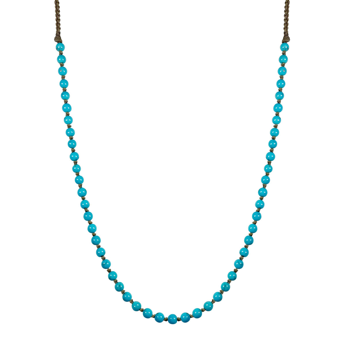 Sterling Silver Round Sleeping Beauty Turquoise Beaded Necklace on Natural Cord