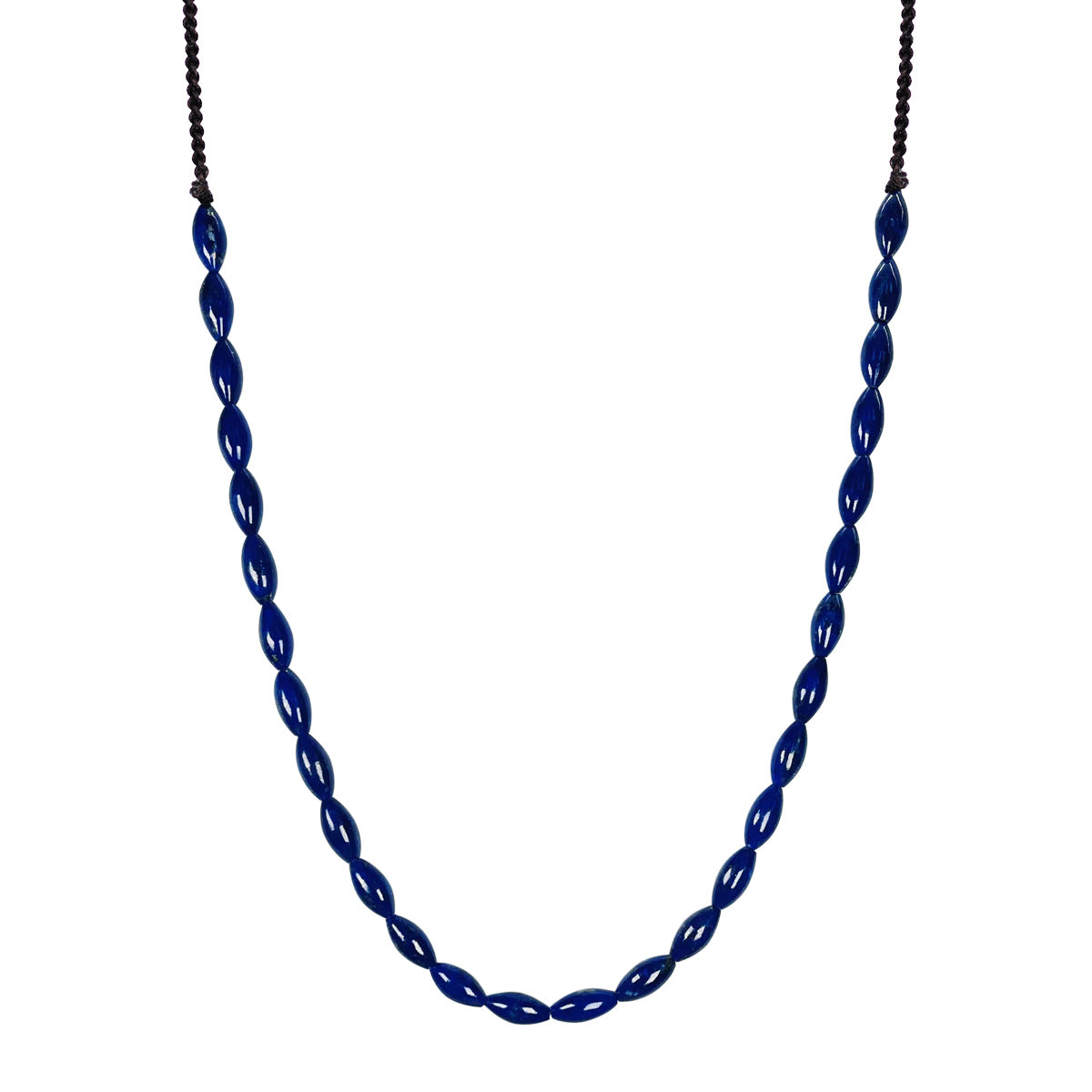 Sterling Silver Smooth Lapis Oval Beaded Necklace on Black Cord