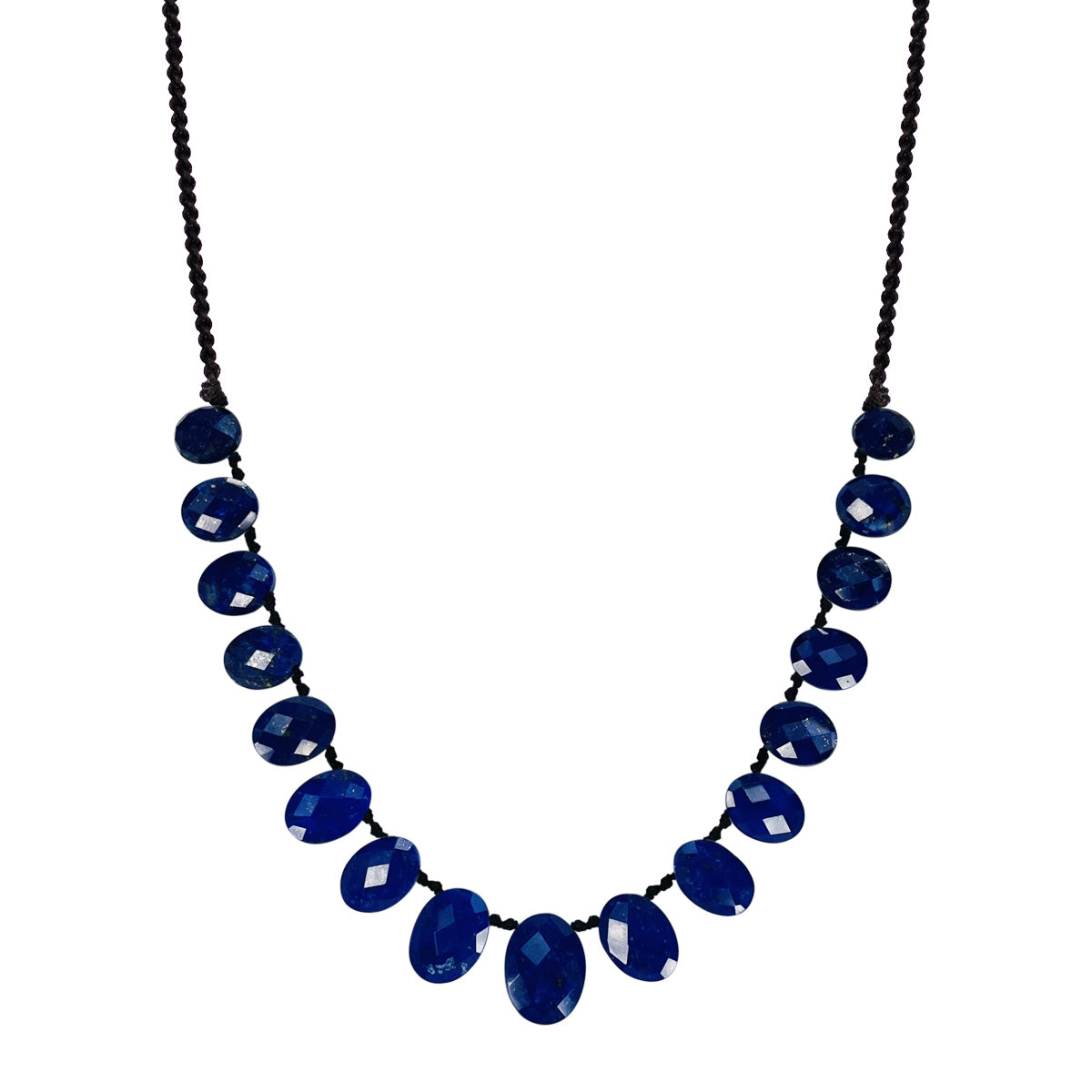 Sterling Silver Faceted Lapis Oval Beaded Necklace on Black Cord