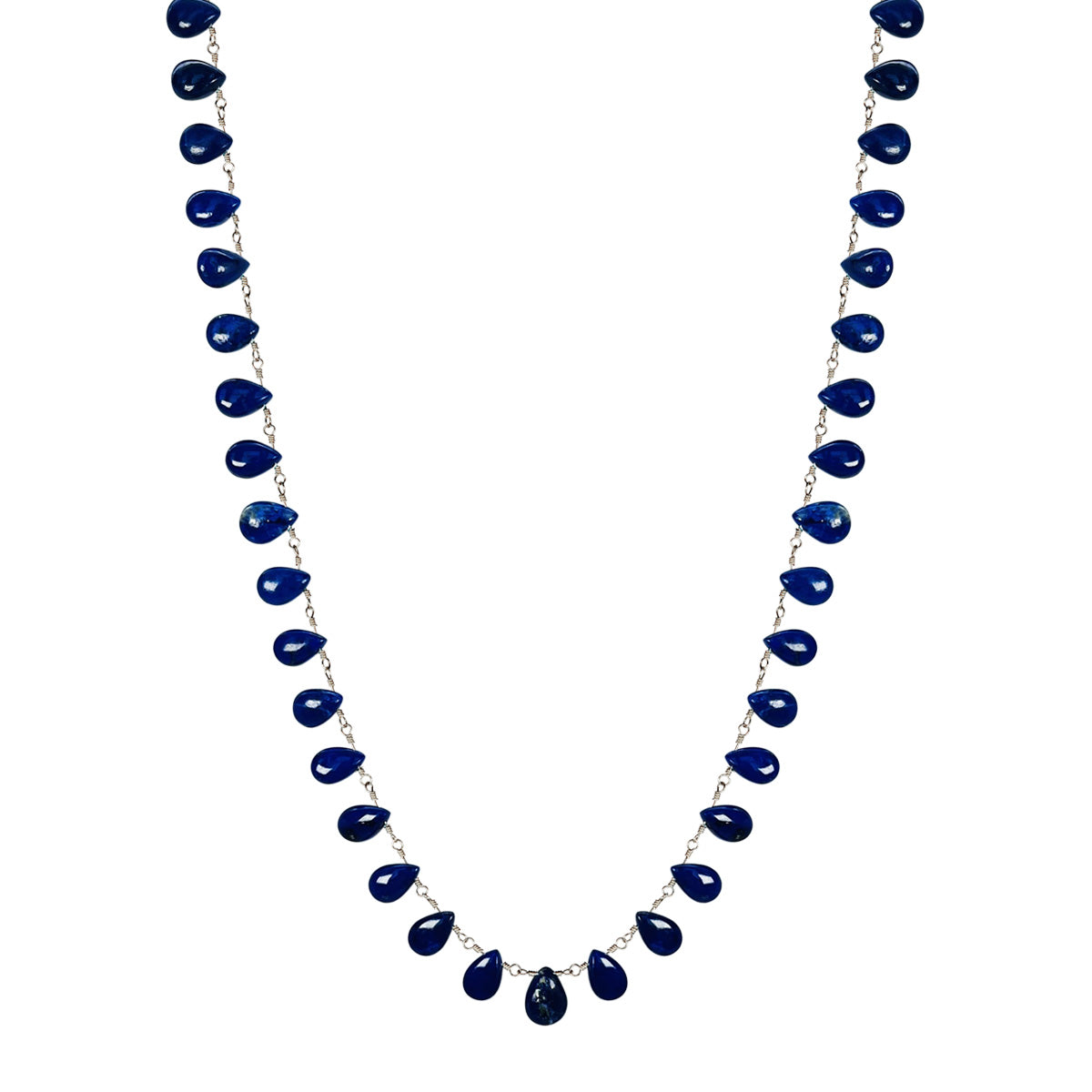 Sterling Silver Smooth Lapis Teardrop Beaded Necklace