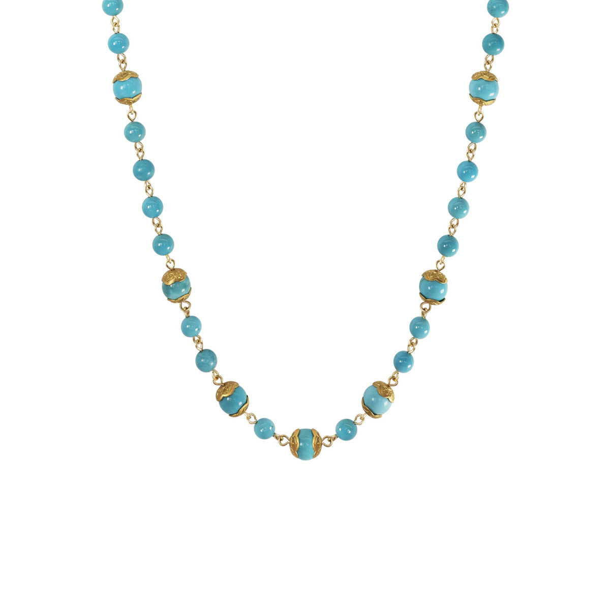 22K Gold Flower Capped Sleeping Beauty Turquoise Bead Necklace