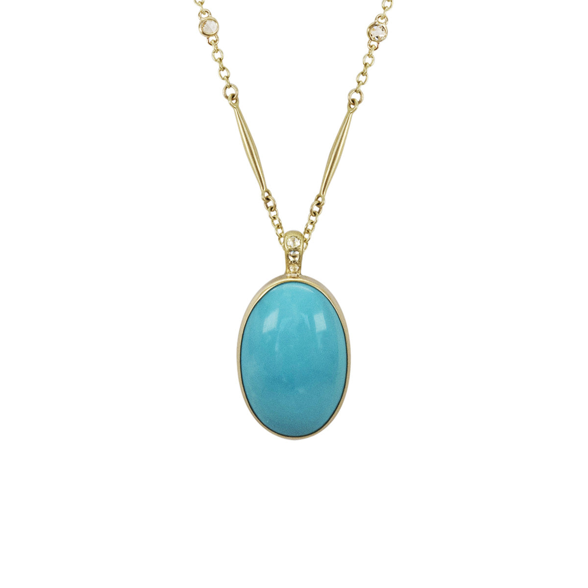 18K Gold Sleeping Beauty Turquoise Pendant on a Lure chain with Rose Cut Diamonds